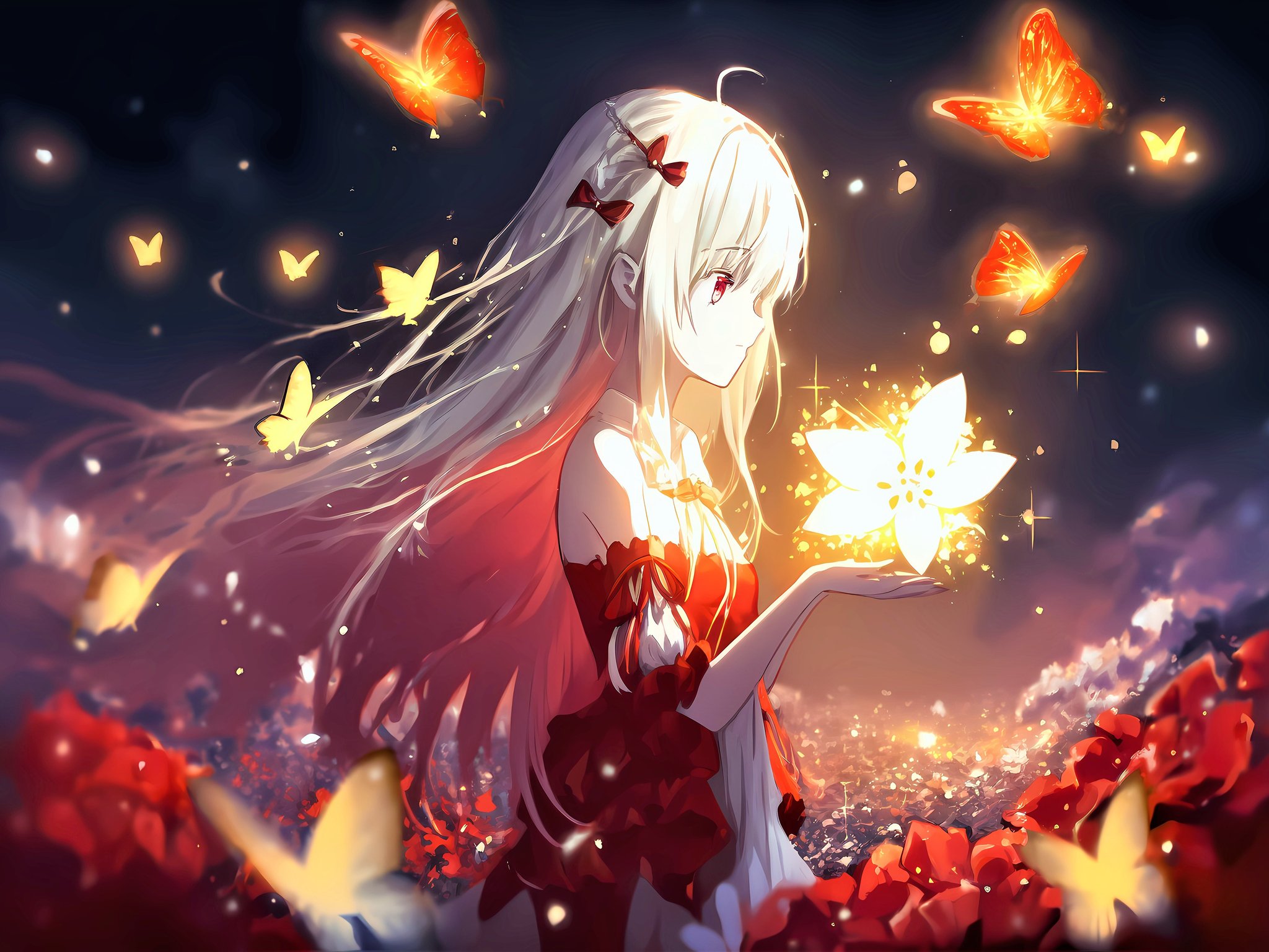 Download Anime girl, Butterflies, Young woman, Flower, Anime, Glow Wallpaper in 2048x1536 Resolution