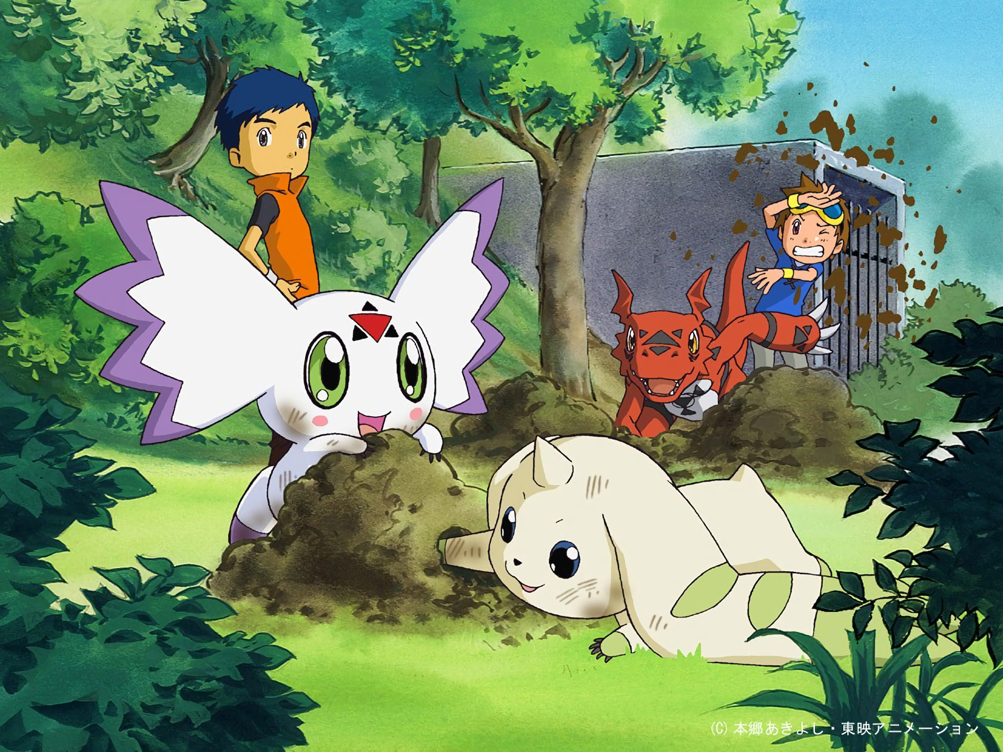 Wallpaper, Digimon Tamers, terriermon, guilmon, anime boys, anime creatures 2048x1536