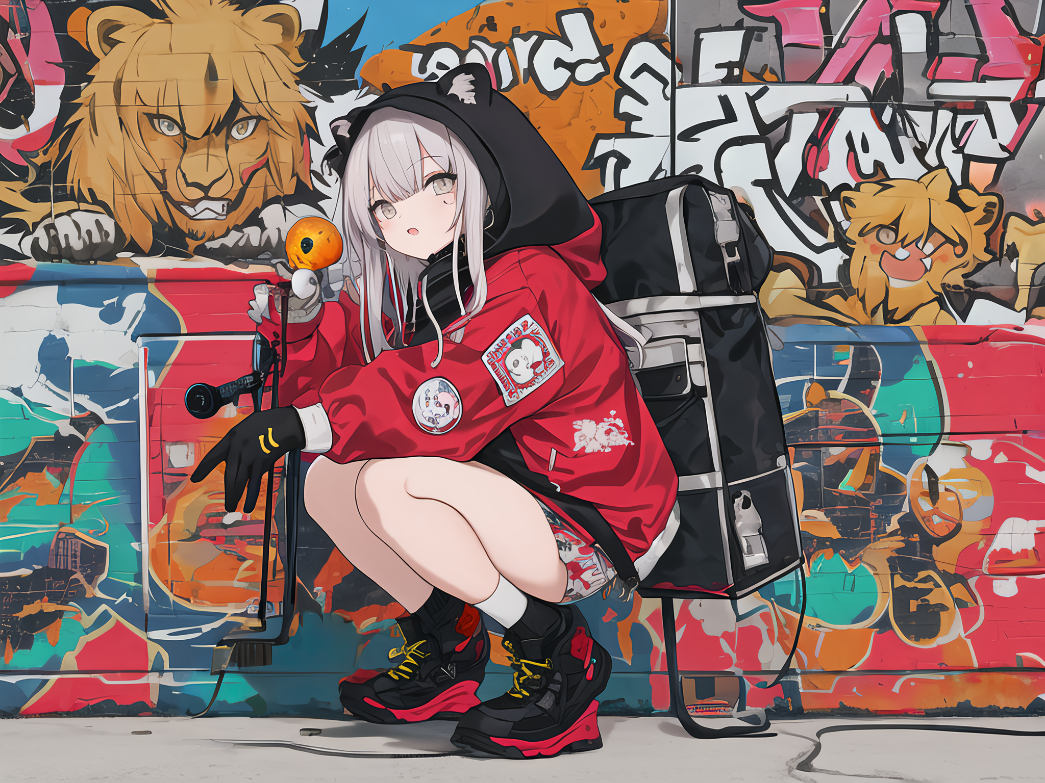 white hair, squatting, anime girls, graffiti, gloves, backpacks, shoes, AI artx1536 Wallpaper