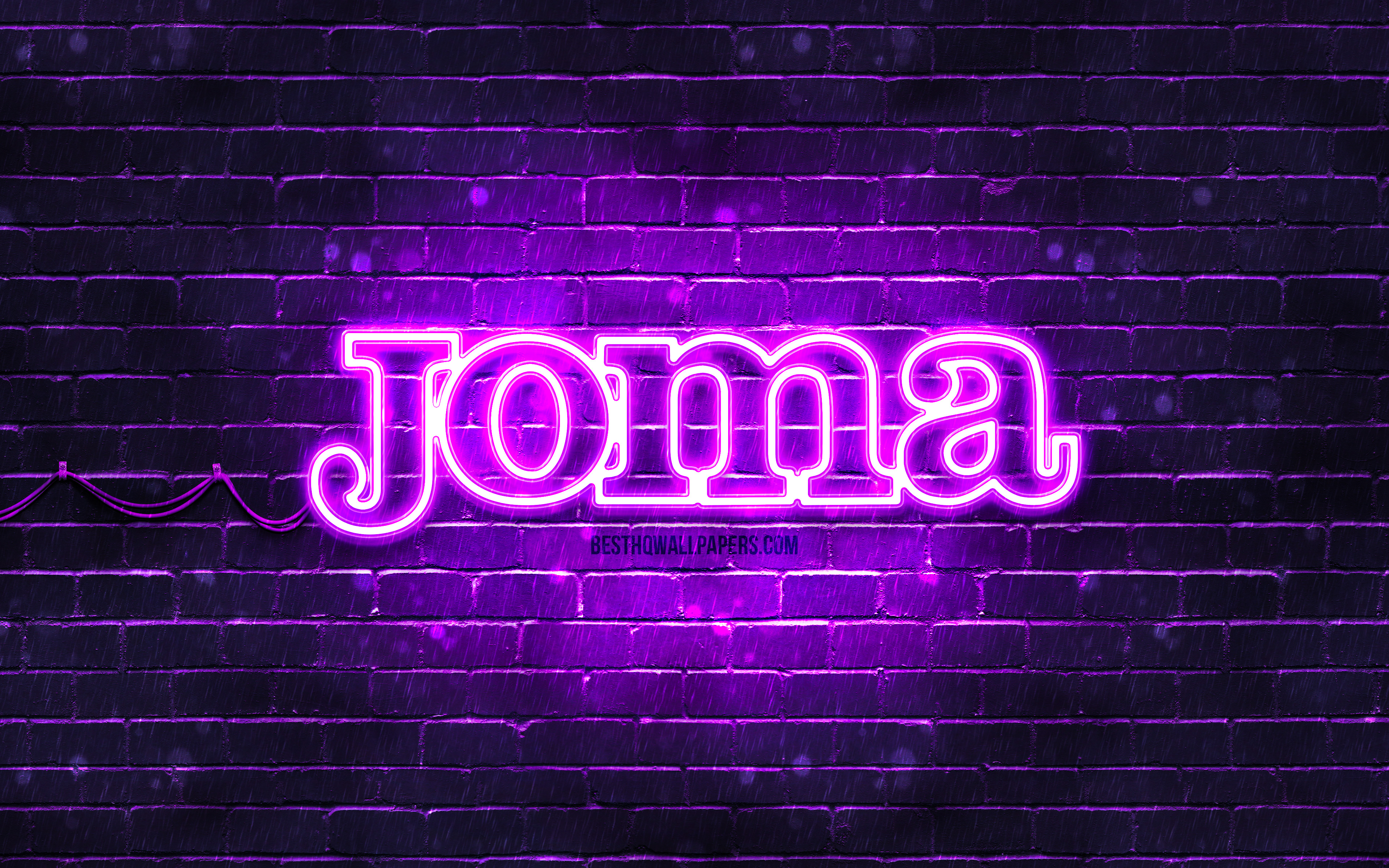 Download wallpaper Joma violet logo, 4k, violet brickwall, Joma logo, sports brands, Joma neon logo, Joma for desktop with resolution 3840x2400. High Quality HD picture wallpaper