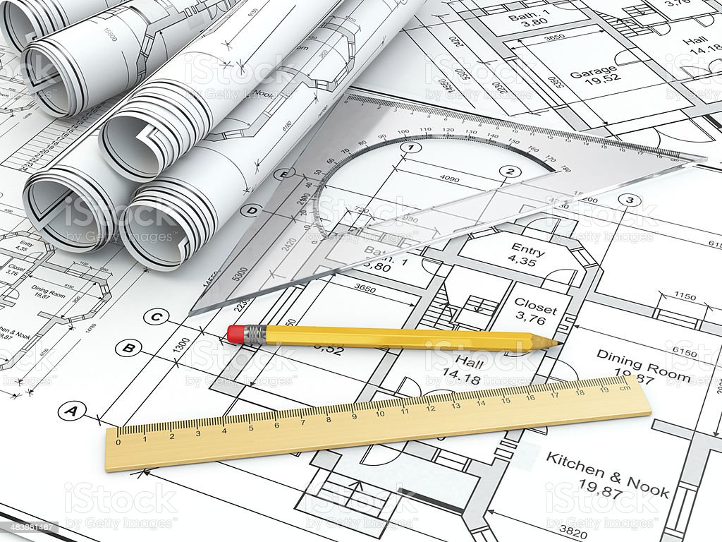 Concept Of Drawing Blueprints And Drafting Tools Image Now, Background, Blueprint