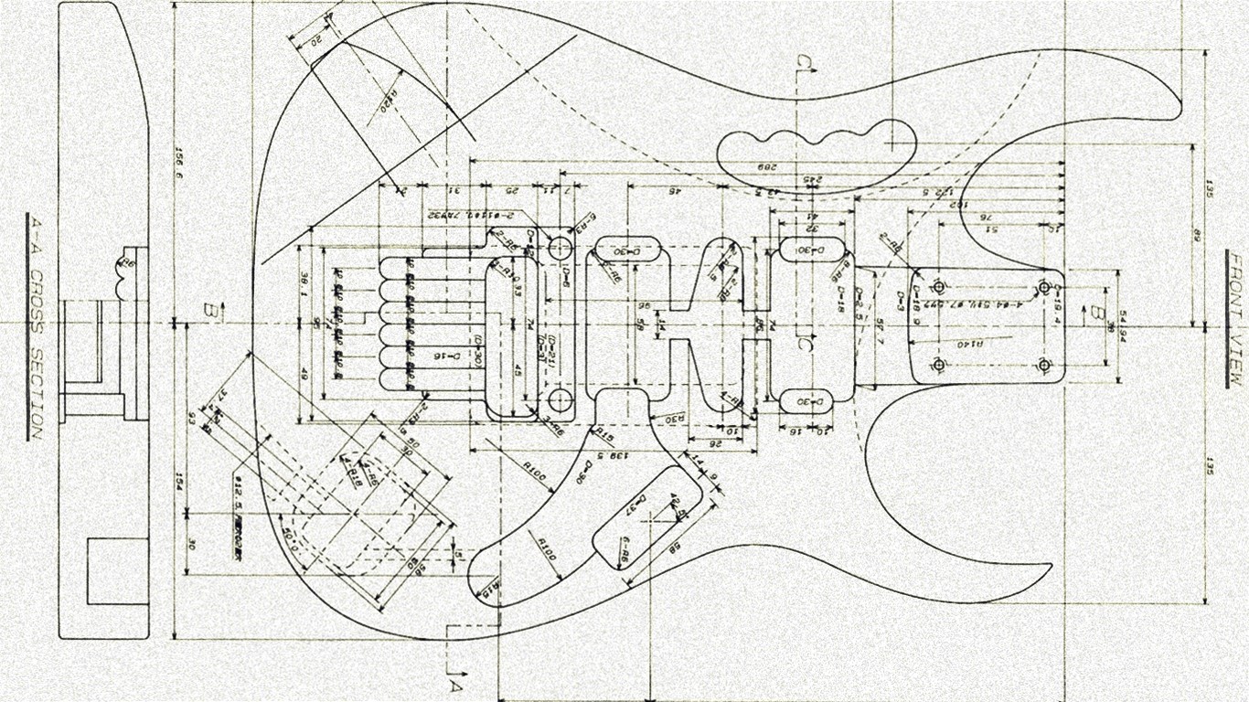 Wallpaper, illustration, guitar, musical instrument, music, line art, map, blueprints, Ibanez, sketch, font, diagram, technical drawing 1366x768
