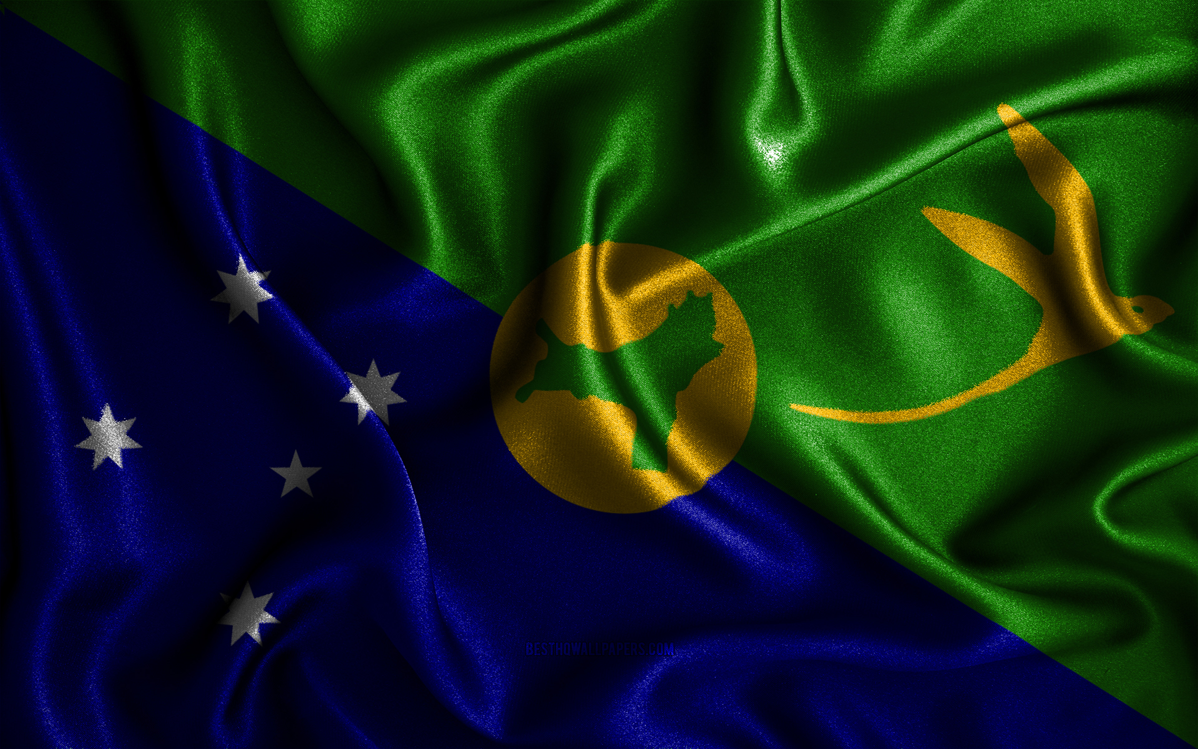 Download wallpaper Christmas Island flag, 4k, silk wavy flags, Asian countries, national symbols, Flag of Christmas Island, fabric flags, 3D art, Christmas Island, Asia, Christmas Island 3D flag for desktop with resolution