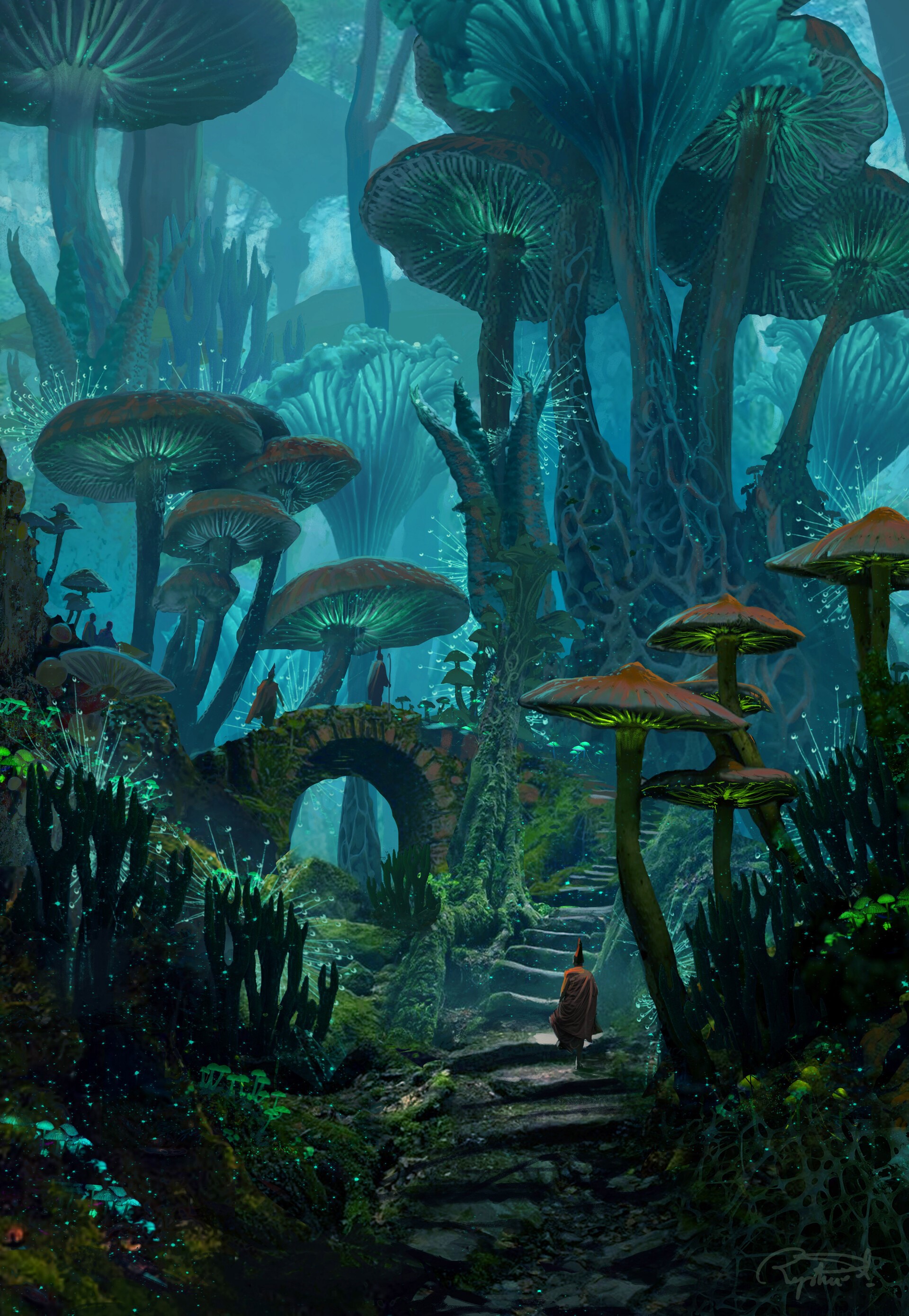 digital, turquoise, forest, landscape, artwork, mushroom, fantasy art Gallery HD Wallpaper