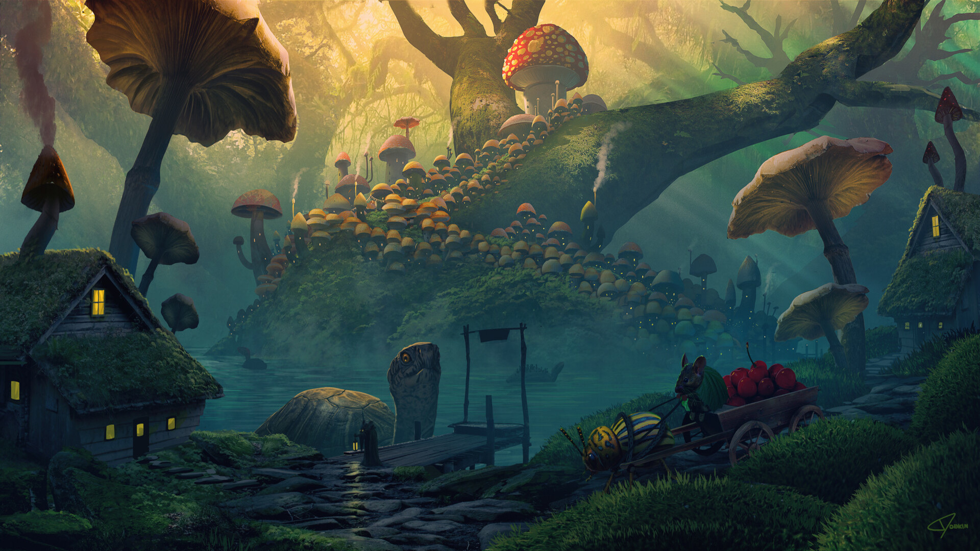 HD desktop wallpaper: Landscape, Fantasy, House, Mushroom, Mouse, Turtle download free picture