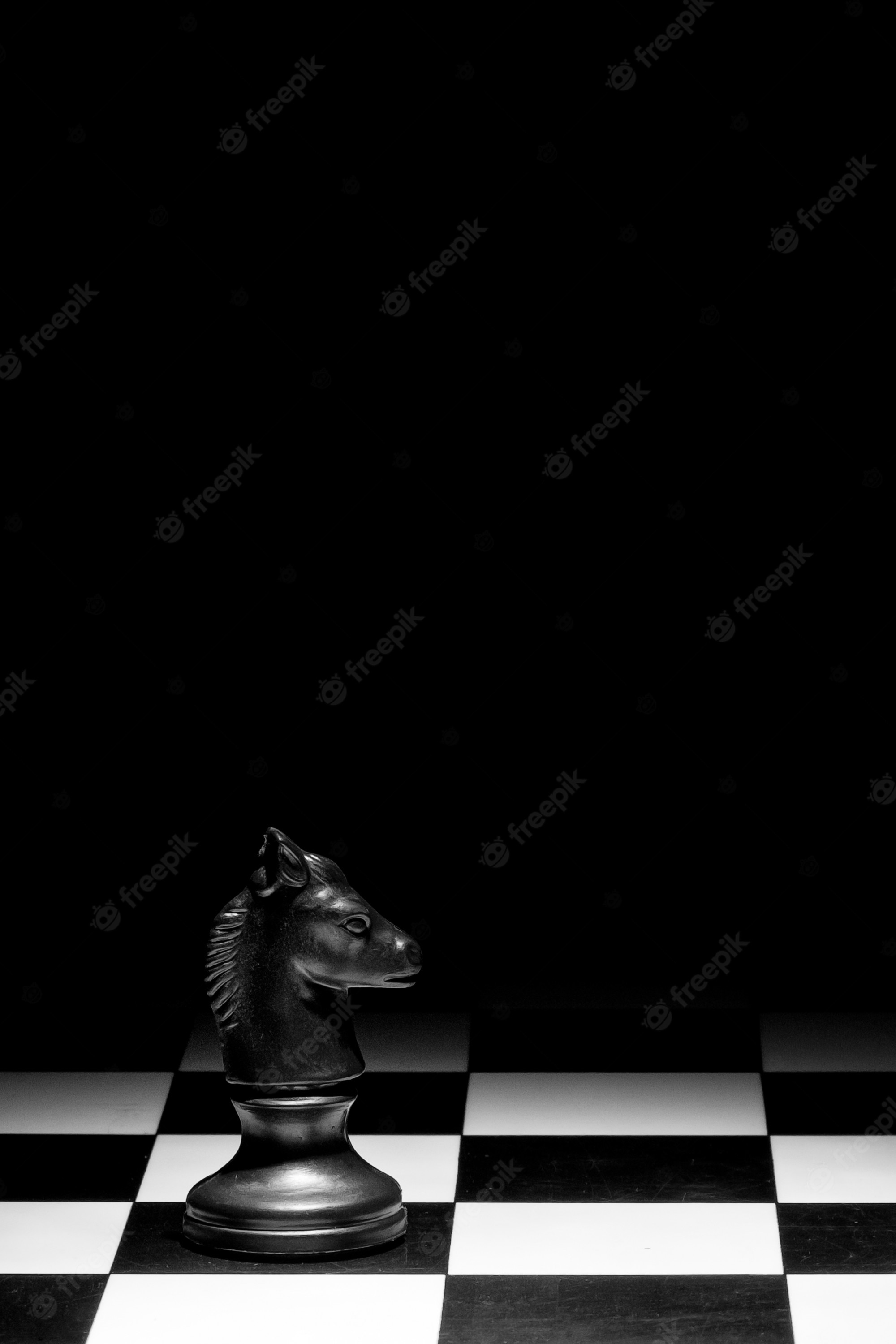 Free Photo. Knight chess piece on the board against a black background