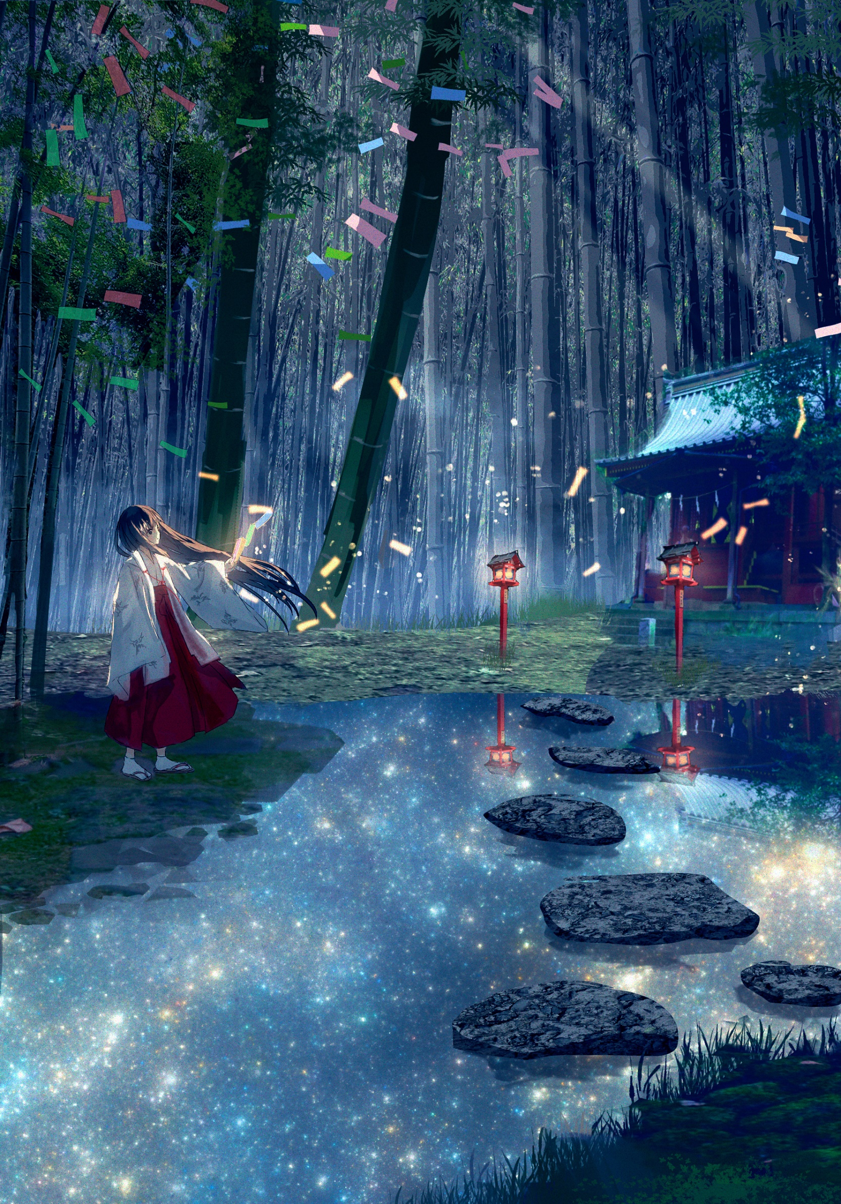 Wallpaper / Anime Forest Phone Wallpaper, Bamboo, Long Hair, Night, 1668x2388 free download