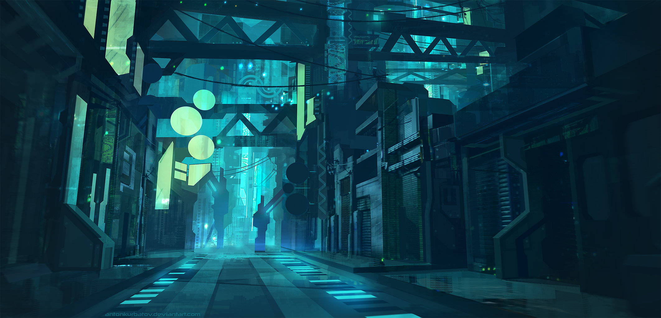 Wallpaper / futuristic, futuristic city, street, lights, neon, neon lights, architecture, building, blue, cyan, environment, cyberpunk, dark free download