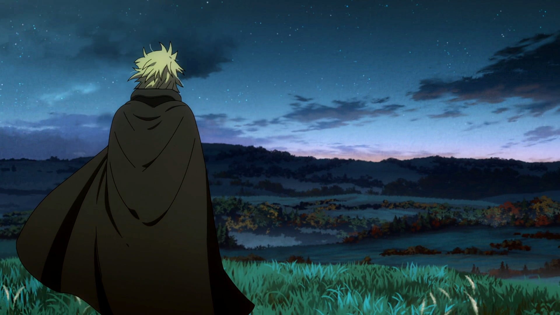 Wallpaper / standing, Vinland Saga, Vikings, landscape, clouds, dawn, manga, 1080P, yellow hair, England, stars, hills, Wit Studio, trees, Makoto Yukimura, Thorfinn free download