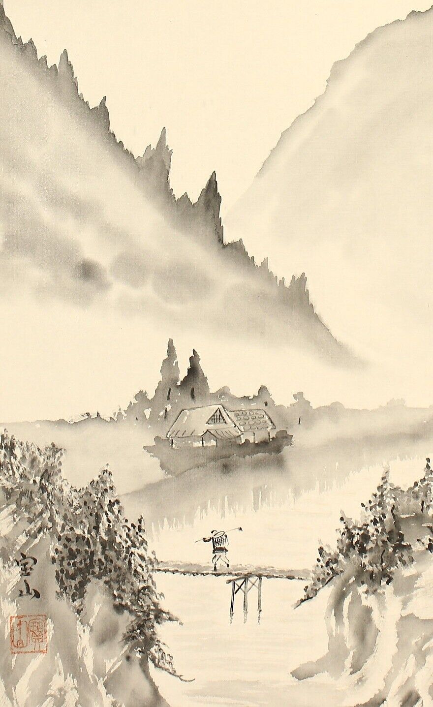 JAPANESE PAINTING LANDSCAPE HANGING SCROLL JAPAN Vintage PICTURE OLD f489