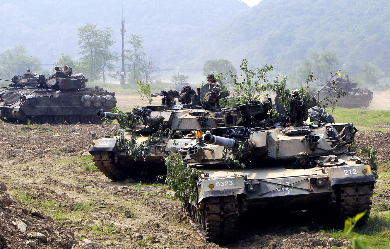 Wallpaper gun, weapon, South Korea, asian, tank, Bradley, oriental, asiatic, Korea, United States Army, Republic of Korea Army, K1 MBTs, M2 Bradley IFVs image for desktop, section оружие