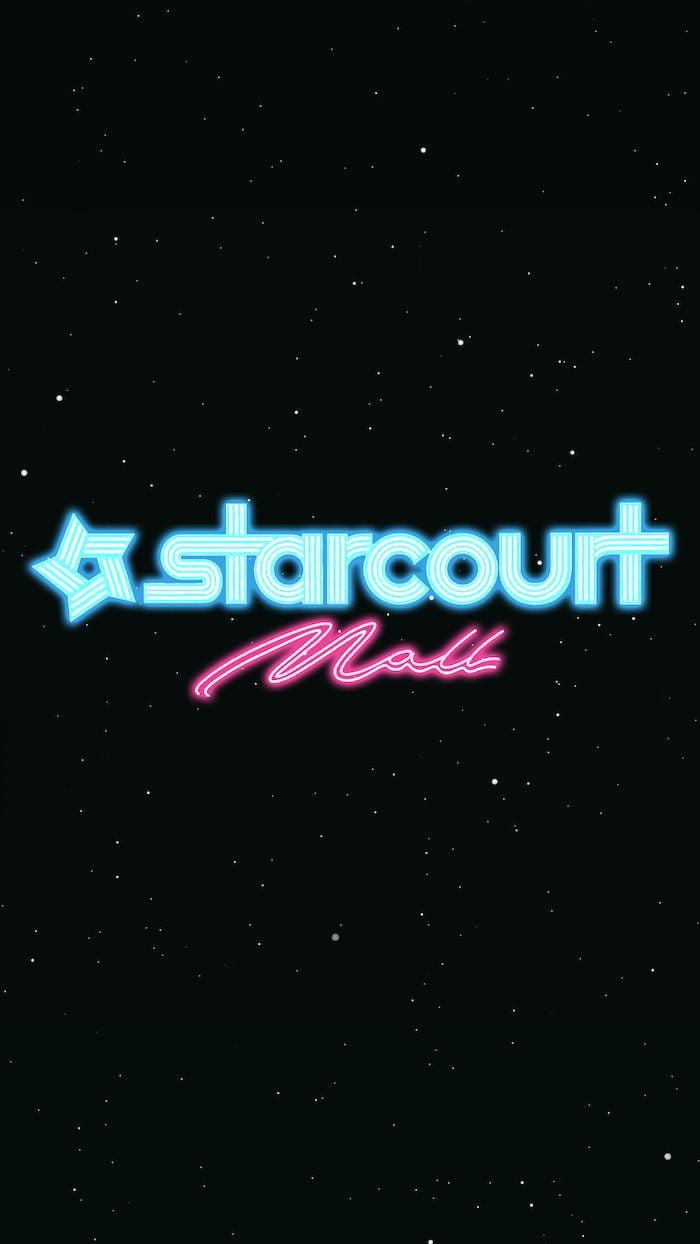 Neon Starcourt Mall Sign Over Black Background With White Dots Stranger Things 3 Wallpaper. Stranger Things, Stranger Things Wallpaper, Stranger Things Poster