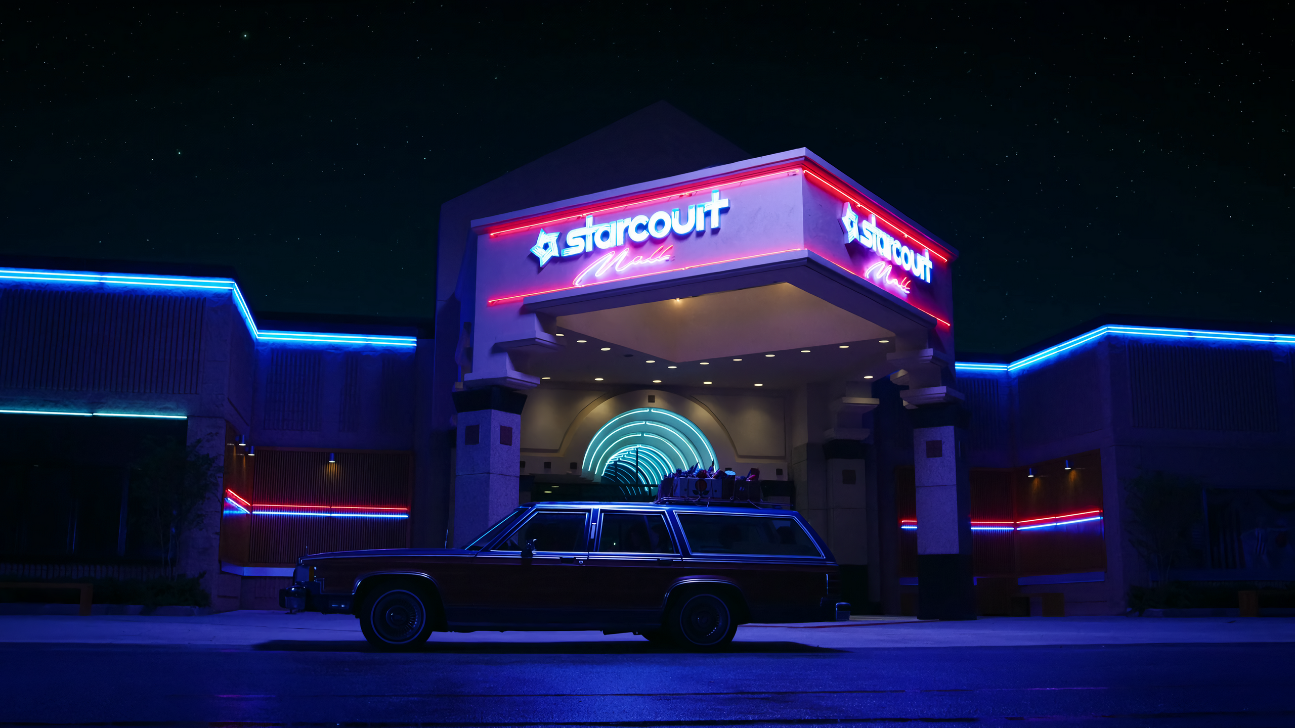 Wallpaper / Stranger Things, starcourt, car, blue, shopping mall, night, dark, red, black, tv series, Netflix, neon free download