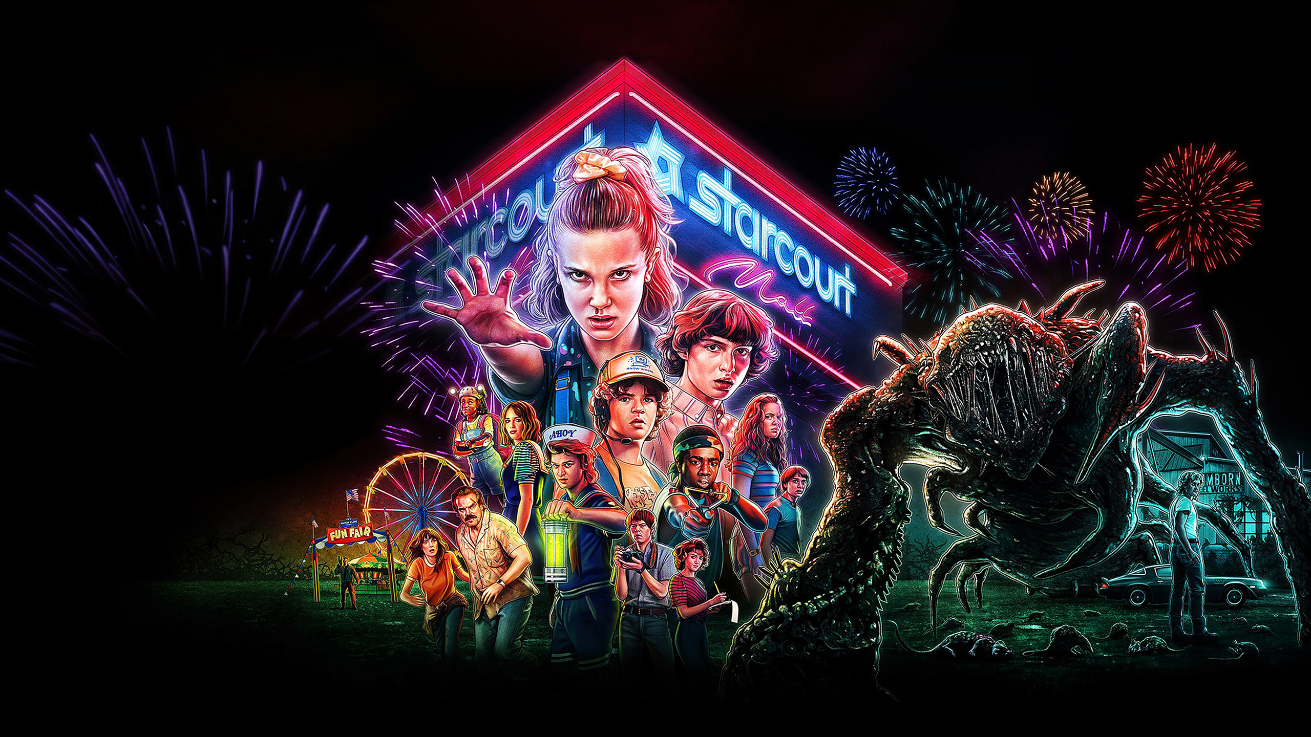 Stranger Things TV Series Netflix Fireworks Creature Shopping Mall Retro Style Ferris Wheel Neon Sig Wallpaper:2560x1440