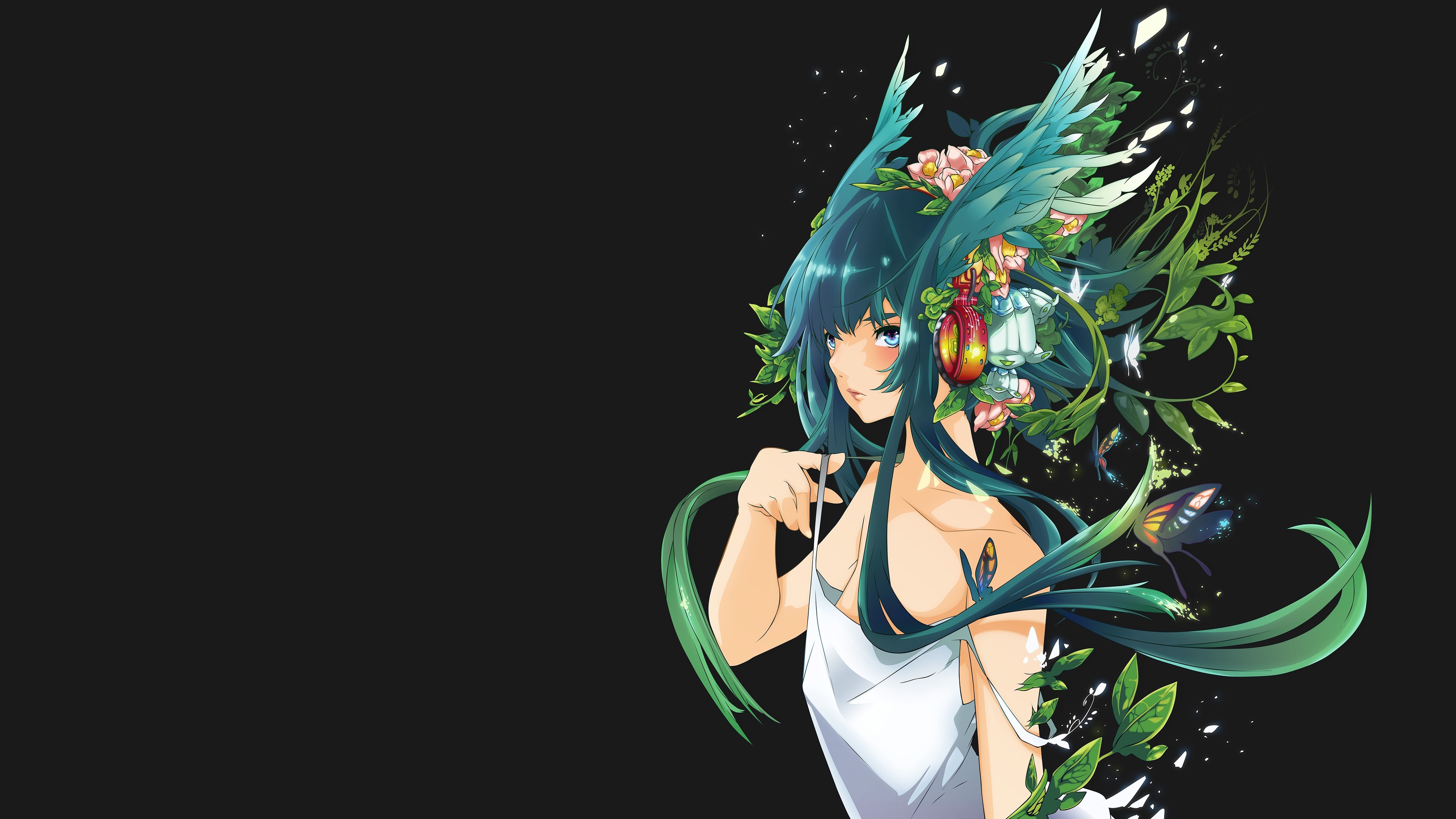 Wallpaper / anime girls, Saya, Saya no Uta, simple background, leaves, flowers, long hair, green hair, dress free download