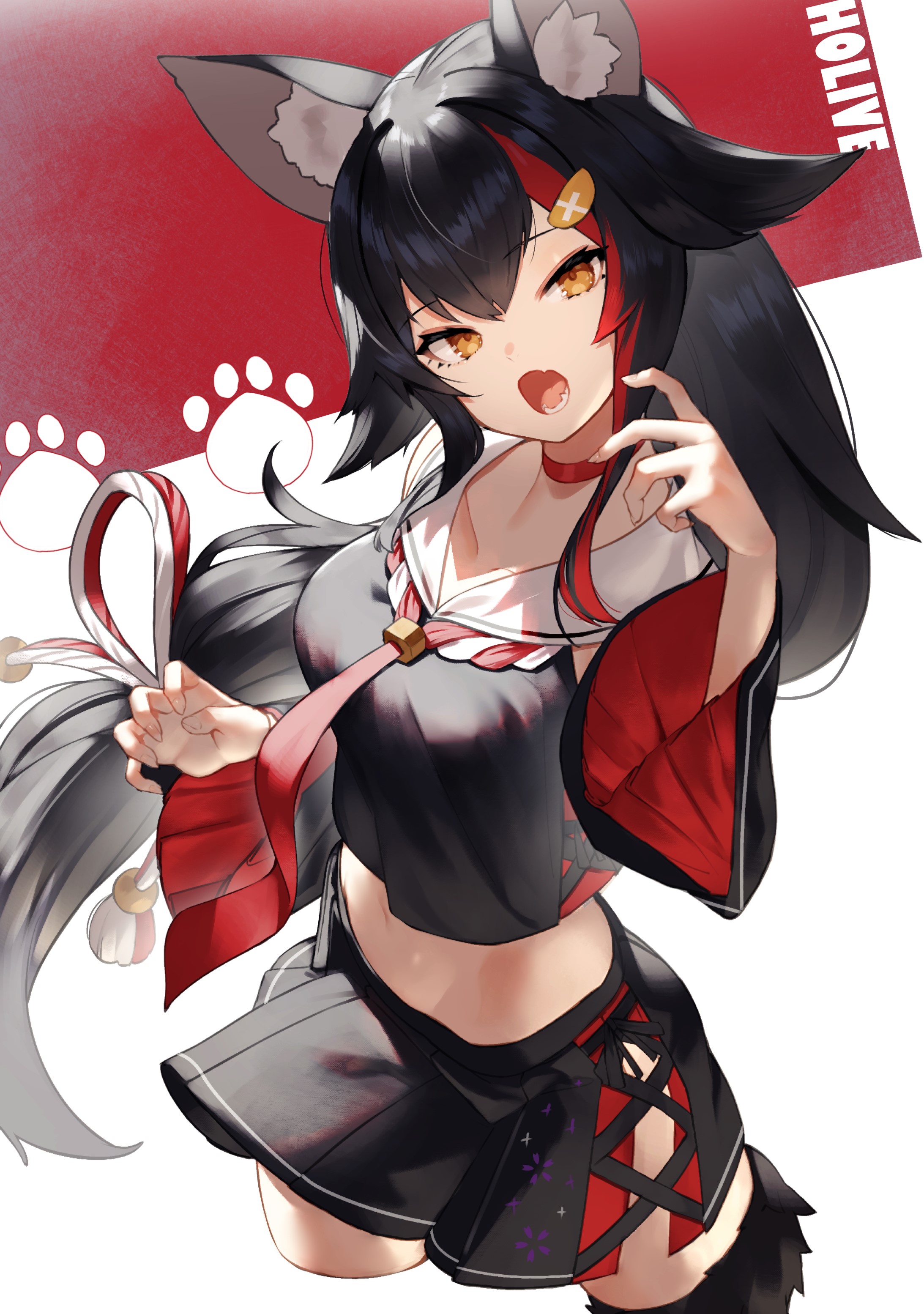 vertical, Sco_ttie, animal ears, belly, Ookami Mio, brown eyes, portrait display, wolf girls, anime, digital art, anime girls, Sukocchi, school uniform, Hololive, black hair, artwork, 2D Gallery HD Wallpaper