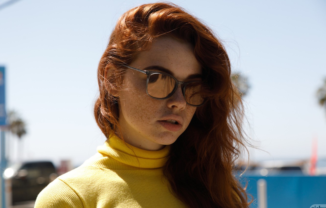 Wallpaper the sun, model, portrait, makeup, glasses, hairstyle, freckles, in yellow, redhead, bokeh, Zishy, Sabrina Lynn image for desktop, section девушки