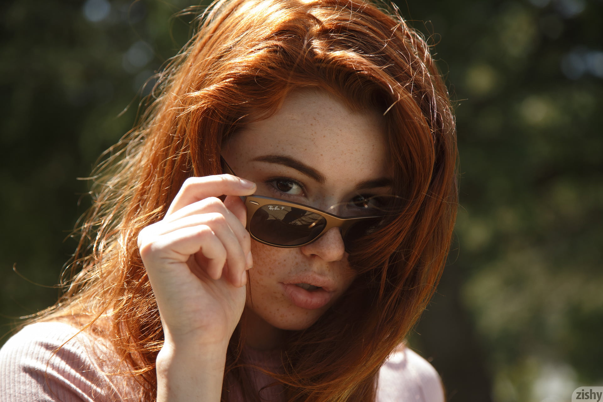 Wallpaper / Sunglasses, Model, Women, Ray Ban, Redhead, Zishy, Open Mouth, Sabrina Lynn, Women Outdoors, Women With Shades, Outdoors, Pink Tops, Looking At Viewer Free Download