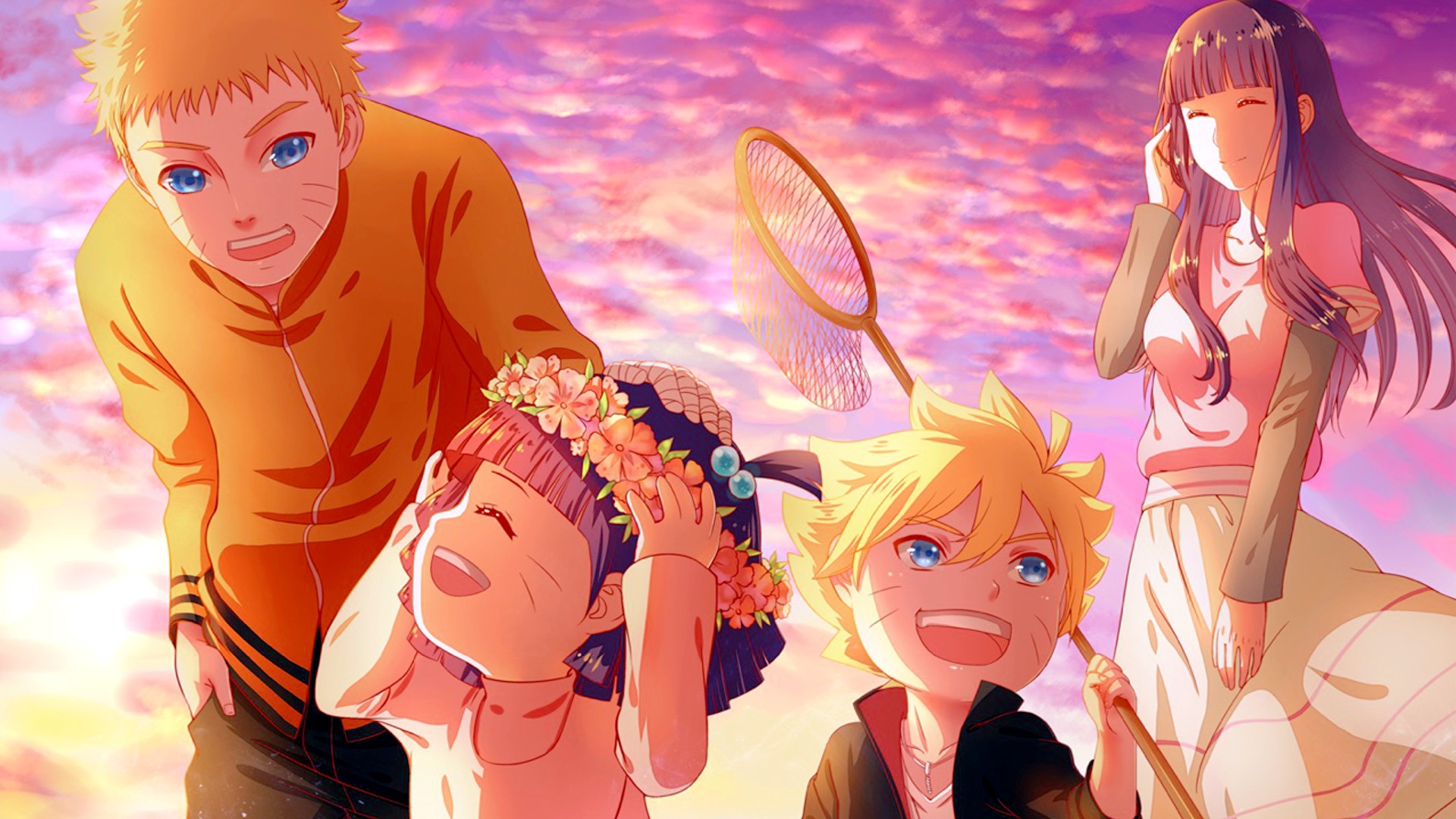 Wallpaper, 1920x1080 px, anime, families, Hyuuga Hinata, Naruto Shippuuden, sunset, Uzumaki Boruto, Uzumaki Himawari, Uzumaki Naruto, wreaths 1920x1080