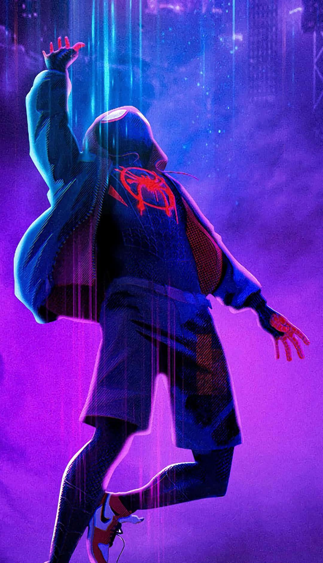Download Neon Lights With Falling Spider Man Miles Morales iPhone Wallpaper