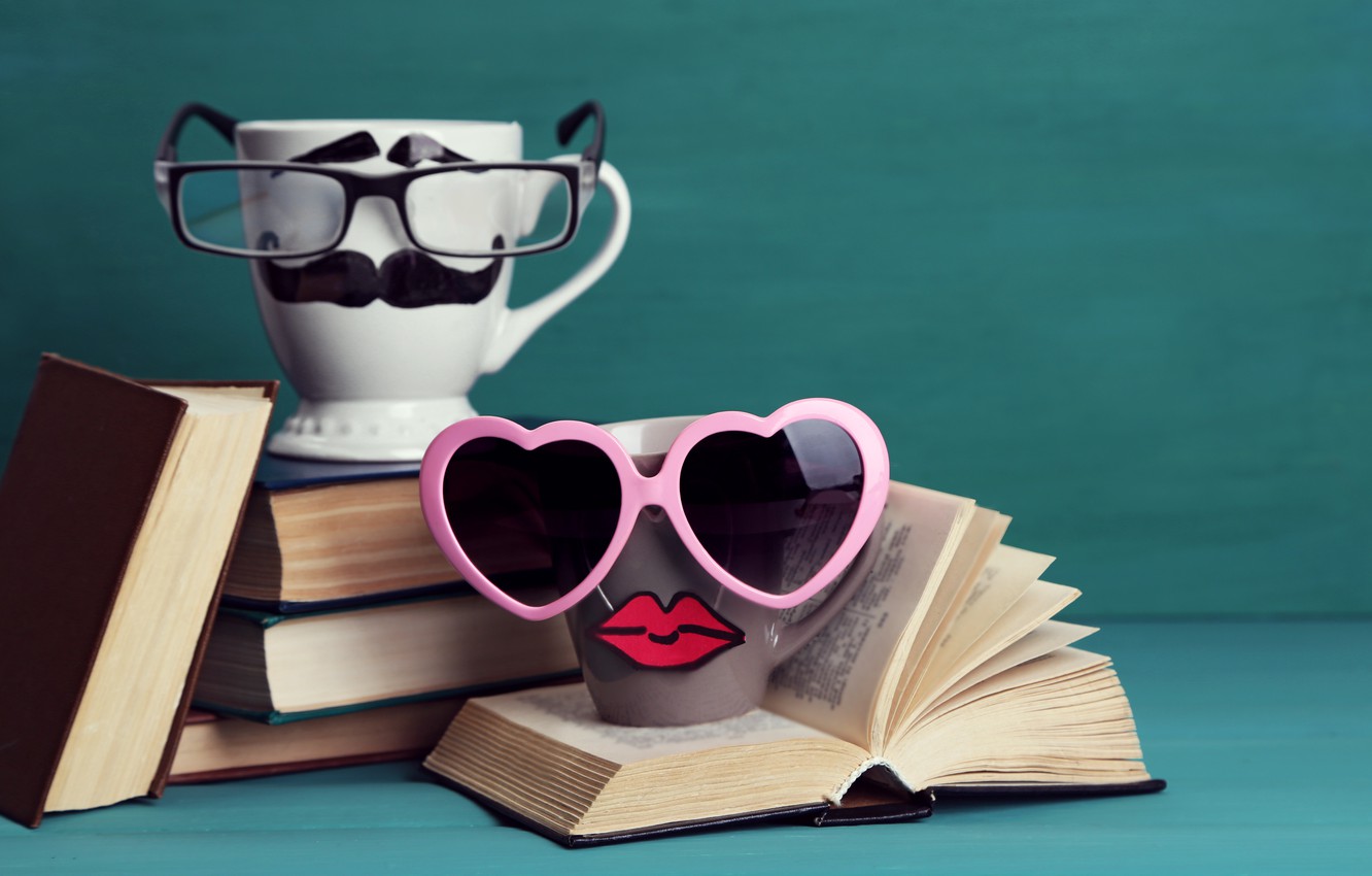Wallpaper books, coffee, glasses, mug, cup, lips, funny, glasses, cute, books, mustache image for desktop, section настроения