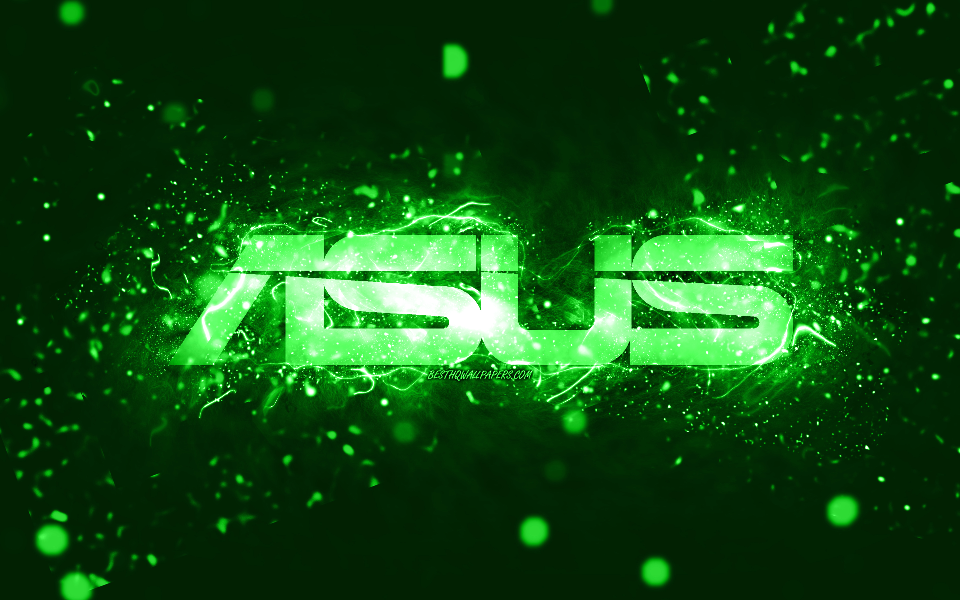 Download wallpaper Asus green logo, 4k, green neon lights, creative, green abstract background, Asus logo, brands, Asus for desktop with resolution 3840x2400. High Quality HD picture wallpaper