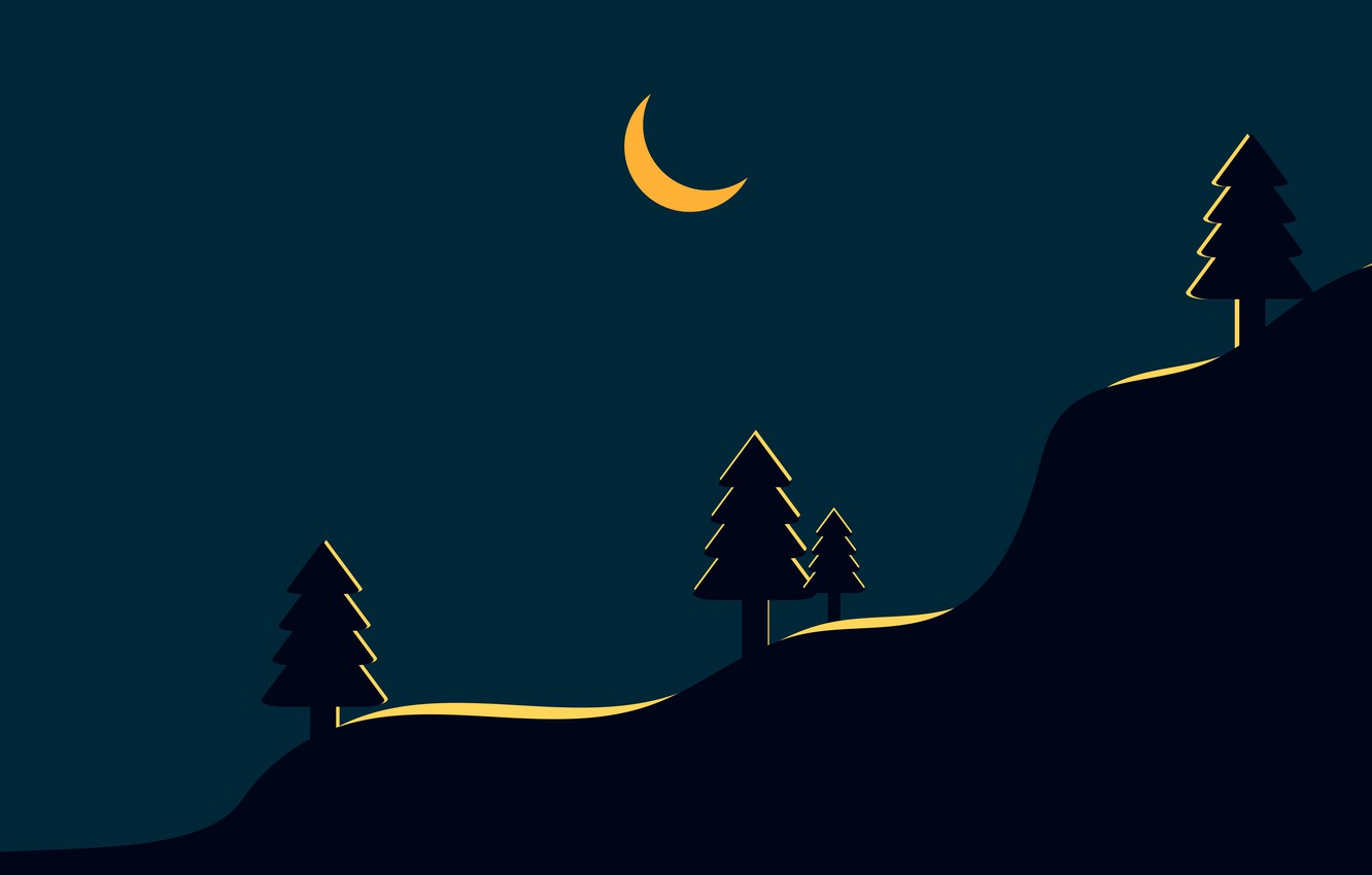 Wallpaper trees, night, a month, moon, trees, night, the slope of the mountain, mountainside image for desktop, section минимализм