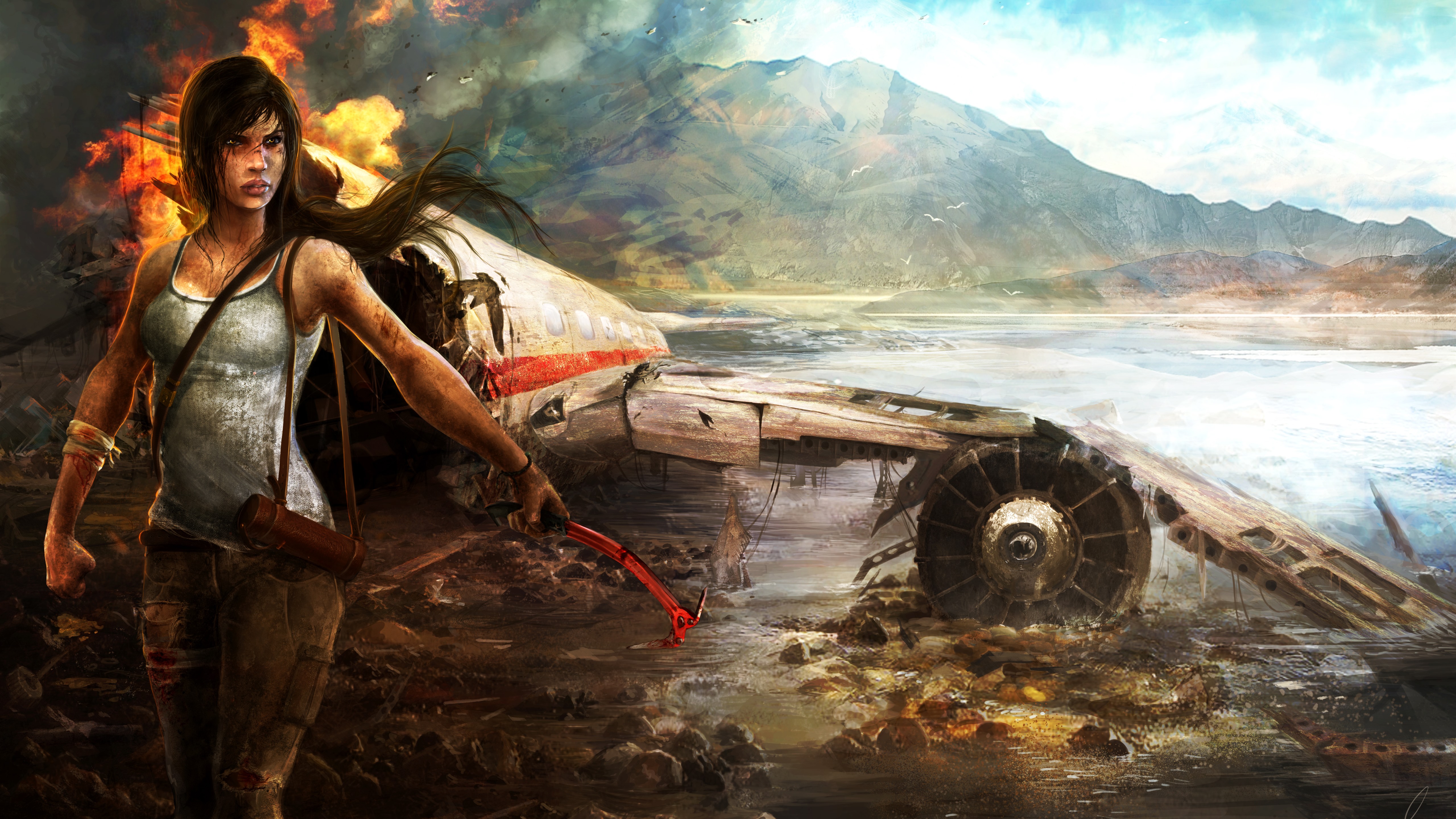 Wallpaper Tomb Raider, island, plane, crash, Lara Croft, fire 5120x2880 UHD 5K Picture, Image