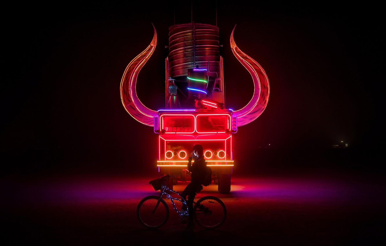 Wallpaper girl, horns, bike, night, truck, neon image for desktop, section разное