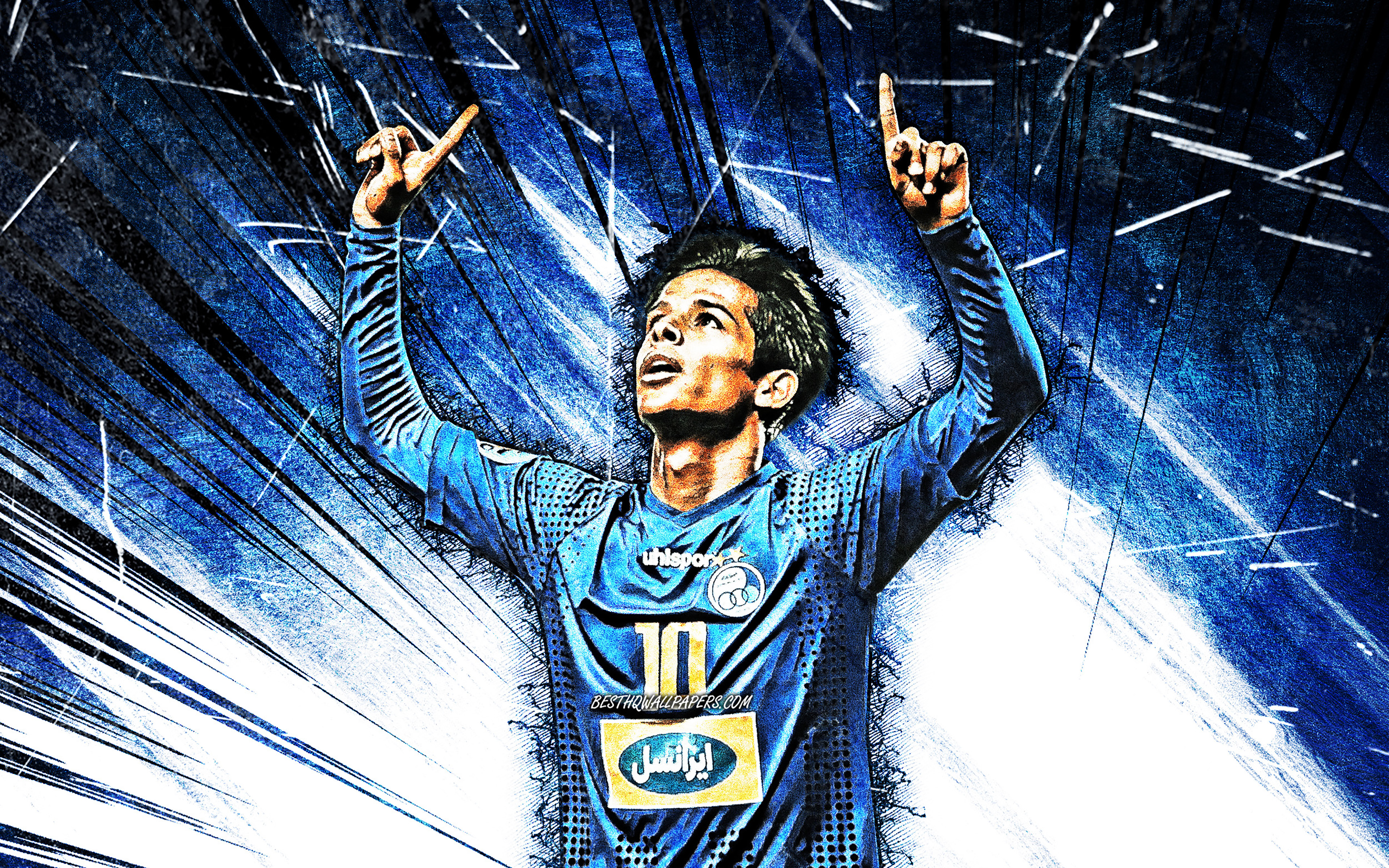 Download wallpaper 4k, Mehdi Ghayedi, grunge art, iranian footballers, Esteghlal FC, soccer, Persian Gulf Pro League, midfielder, Patosi, blue abstract rays, Esteghlal Tehran, Iran, Mehdi Ghayedi Esteghlal for desktop with resolution 3840x2400
