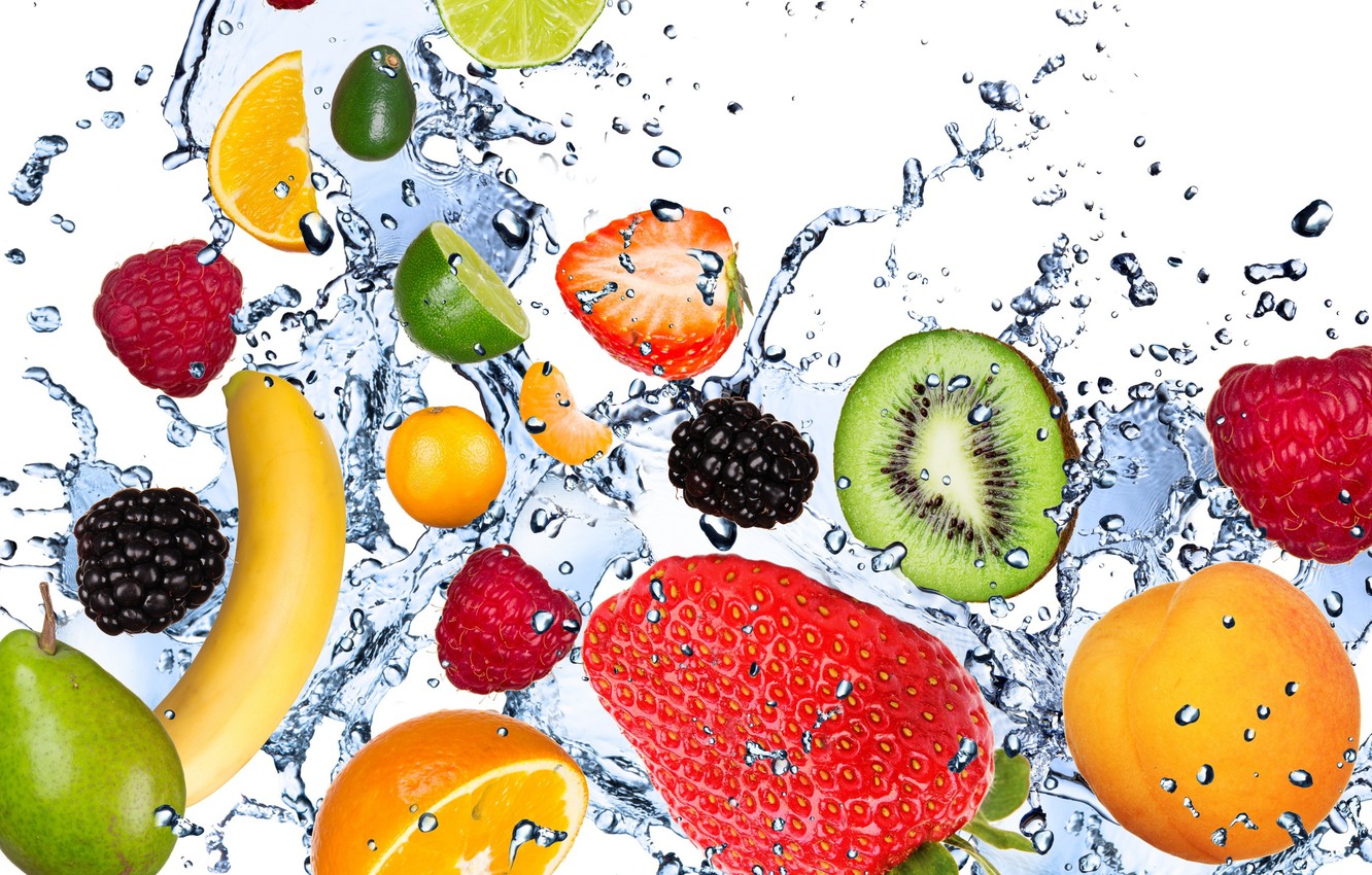 Wallpaper water, drops, squirt, freshness, raspberry, lemon, kiwi, strawberry, lime, lemon, fruit, banana, apricot, fresh, mint, water image for desktop, section еда