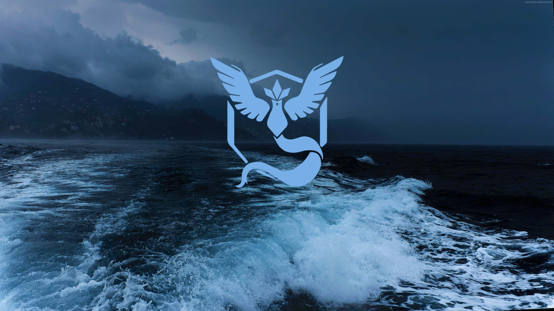 Download Pokemon Logo On A Blue Ocean With Waves Wallpaper
