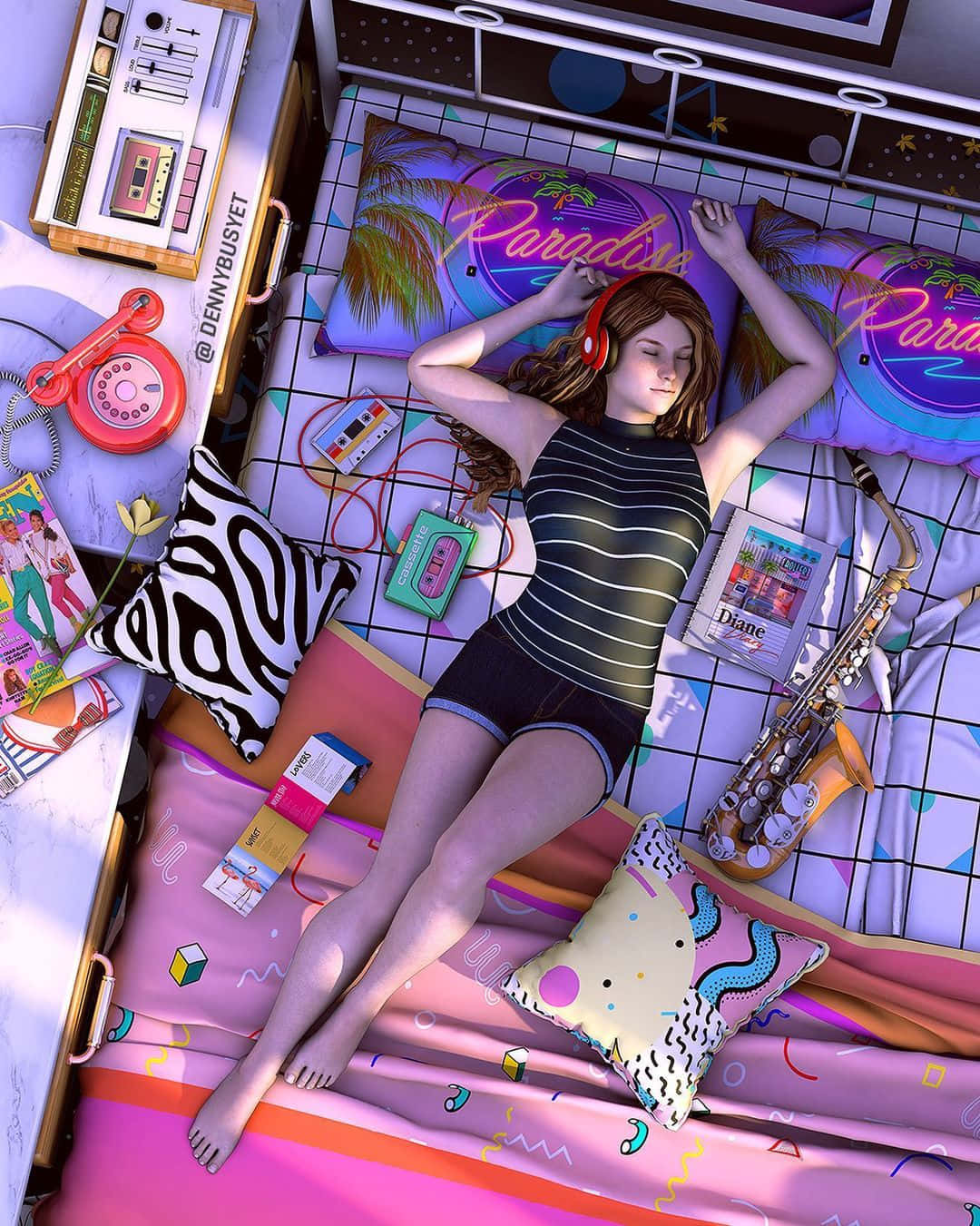 Download 90s Aesthetic Synthwave Retro Girl Music Wallpaper