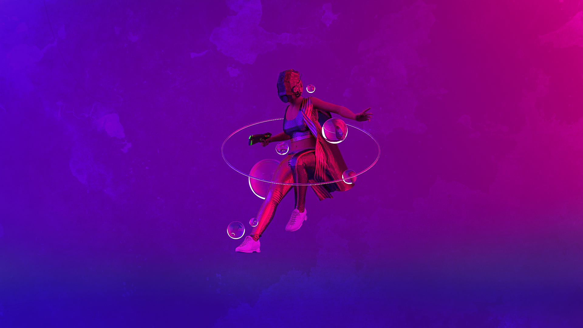 Wallpaper, women, Girl With Weapon, science fiction, pink and blue, neon lights, neon glow, weapon, pistol, 3D Abstract, synthwave, Retrowave, cyberpunk, futuristic, texture, violet, helmet, bubbles, jumping, marvelous designer, minimalism 1920x1080