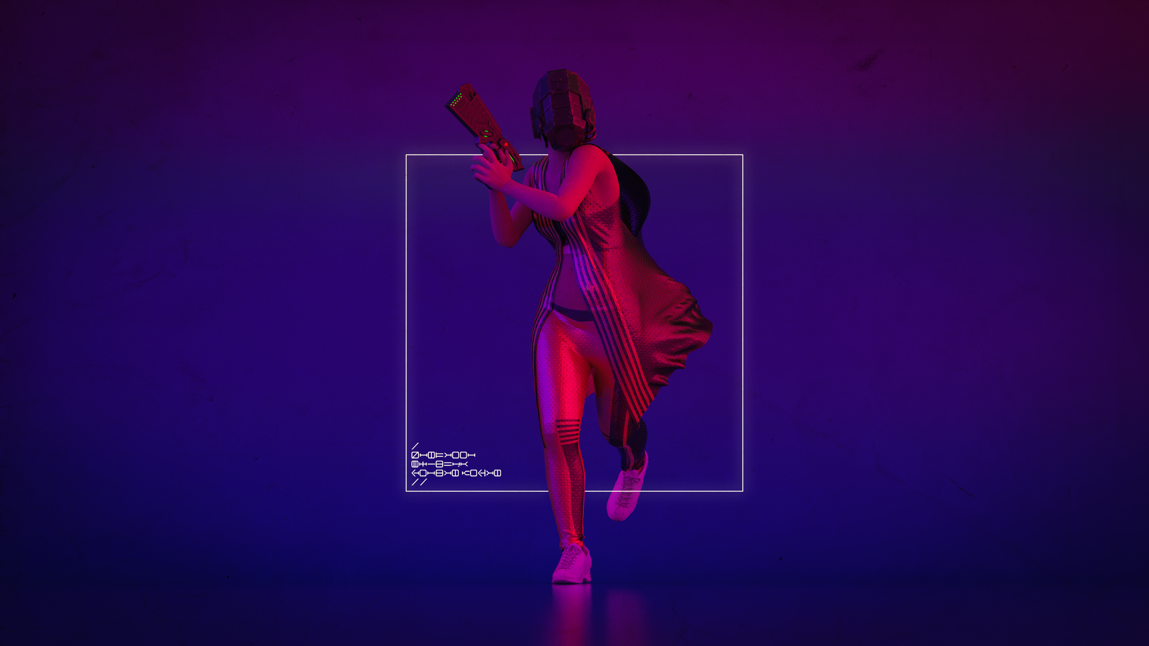 Wallpaper, women, Girl With Weapon, science fiction, pink and blue, neon lights, neon glow, weapon, pistol, 3D Abstract, synthwave, Retrowave, cyberpunk, futuristic, texture, violet, helmet, running, marvelous designer, minimalism 3840x2160