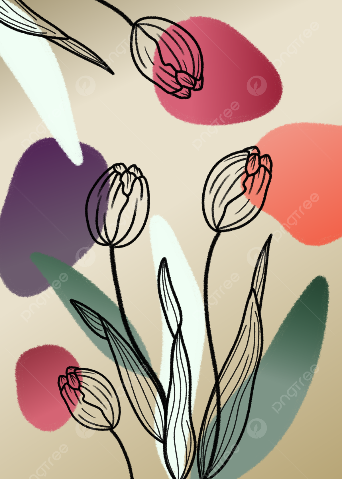 Black Line Art Of Tulips On Soft Color Background Wallpaper Image For Free Download