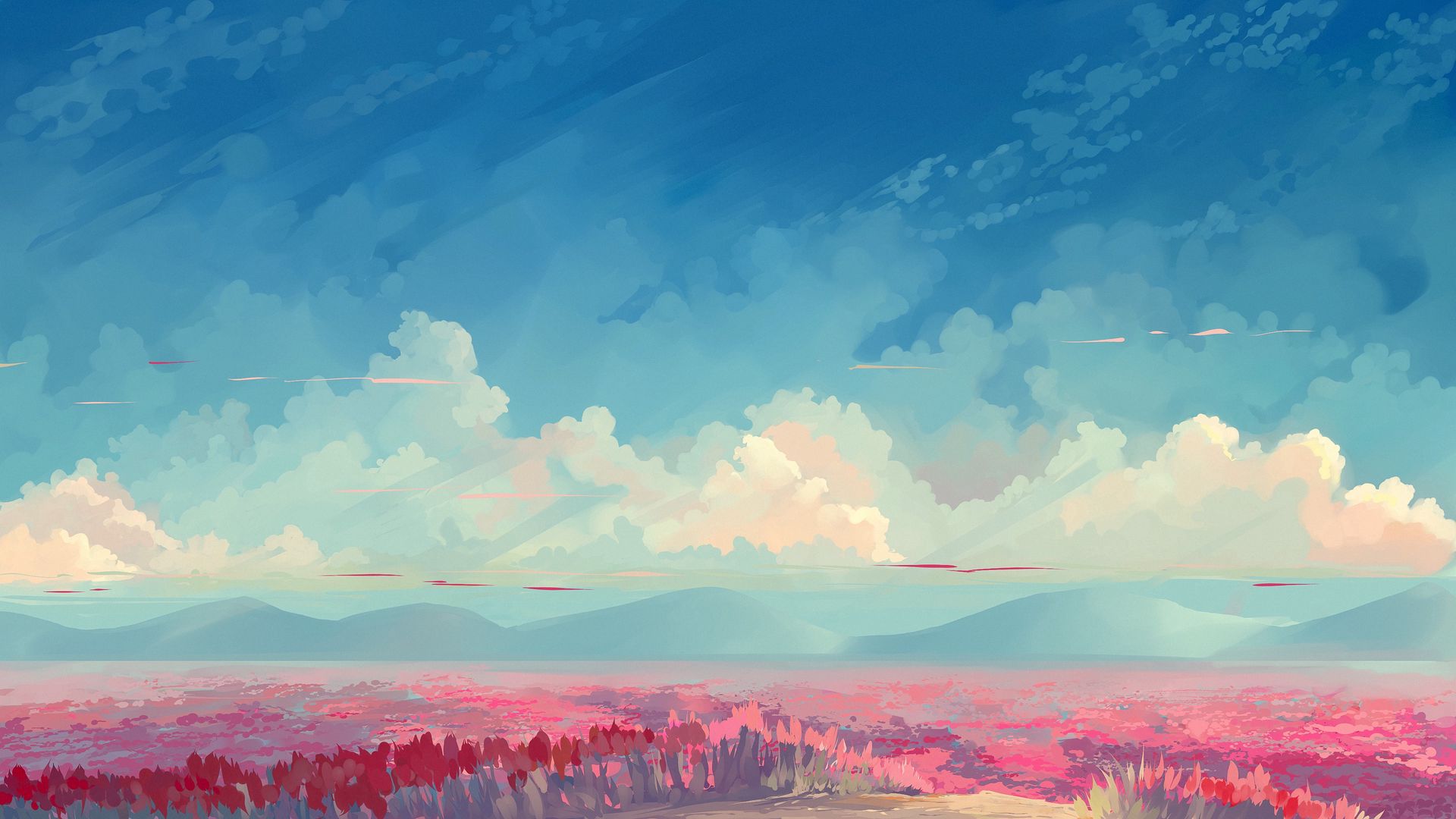 Download wallpaper 1920x1080 field, tulips, flowers, art, sky, clouds full hd, hdtv, fhd, 1080p HD background