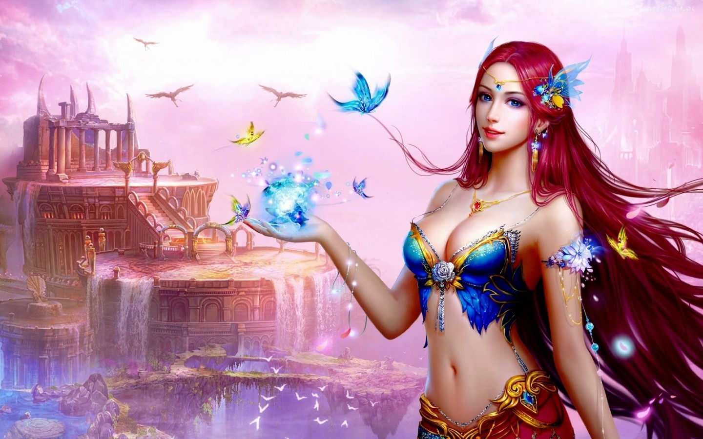 HD desktop wallpaper: Magic, Fantasy, Butterfly, Women, Blue Eyes, Castle, Long Hair, Red Hair download free picture