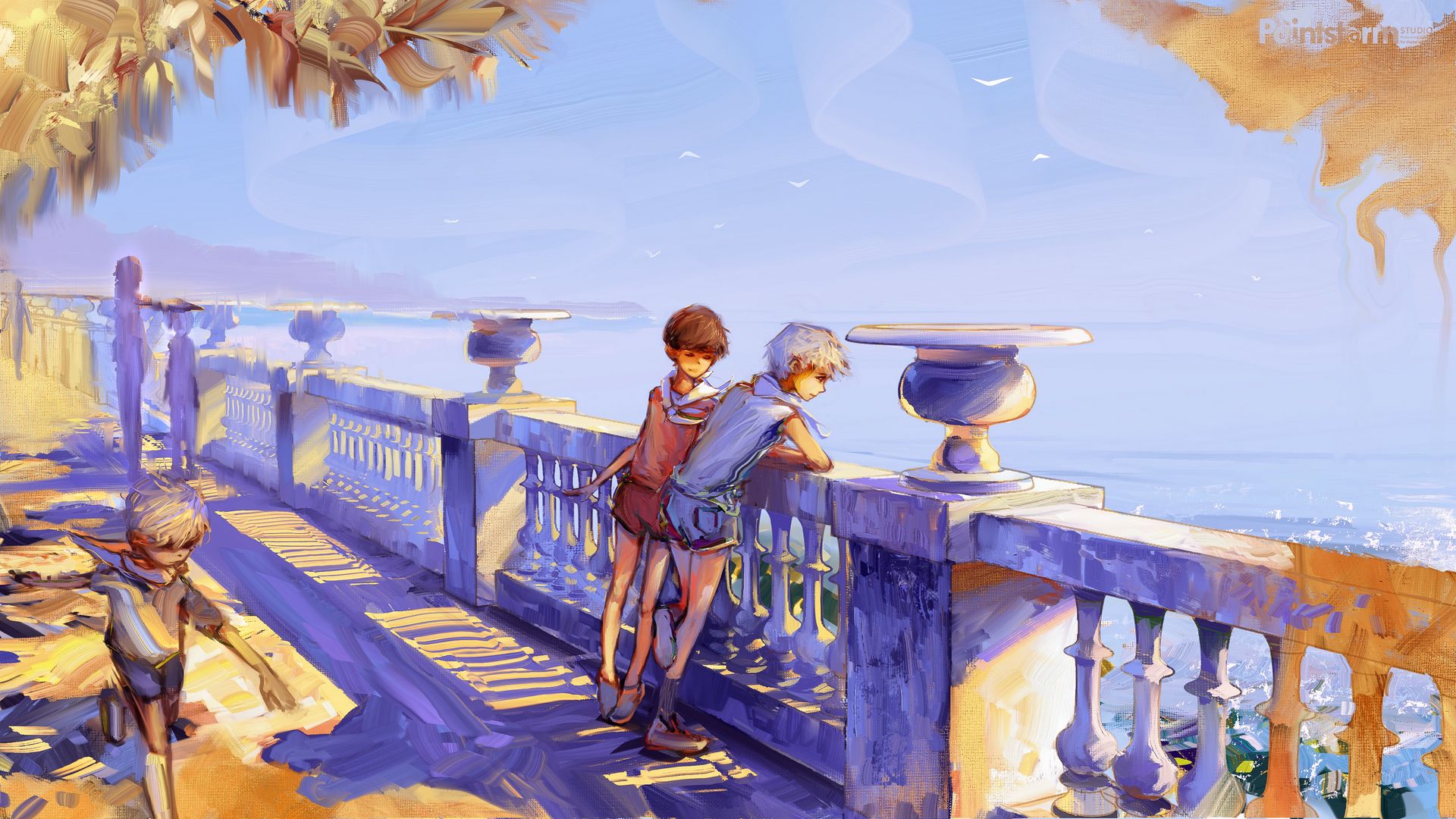 Download wallpaper 1920x1080 boys, children, embankment, summer, art full hd, hdtv, fhd, 1080p HD background