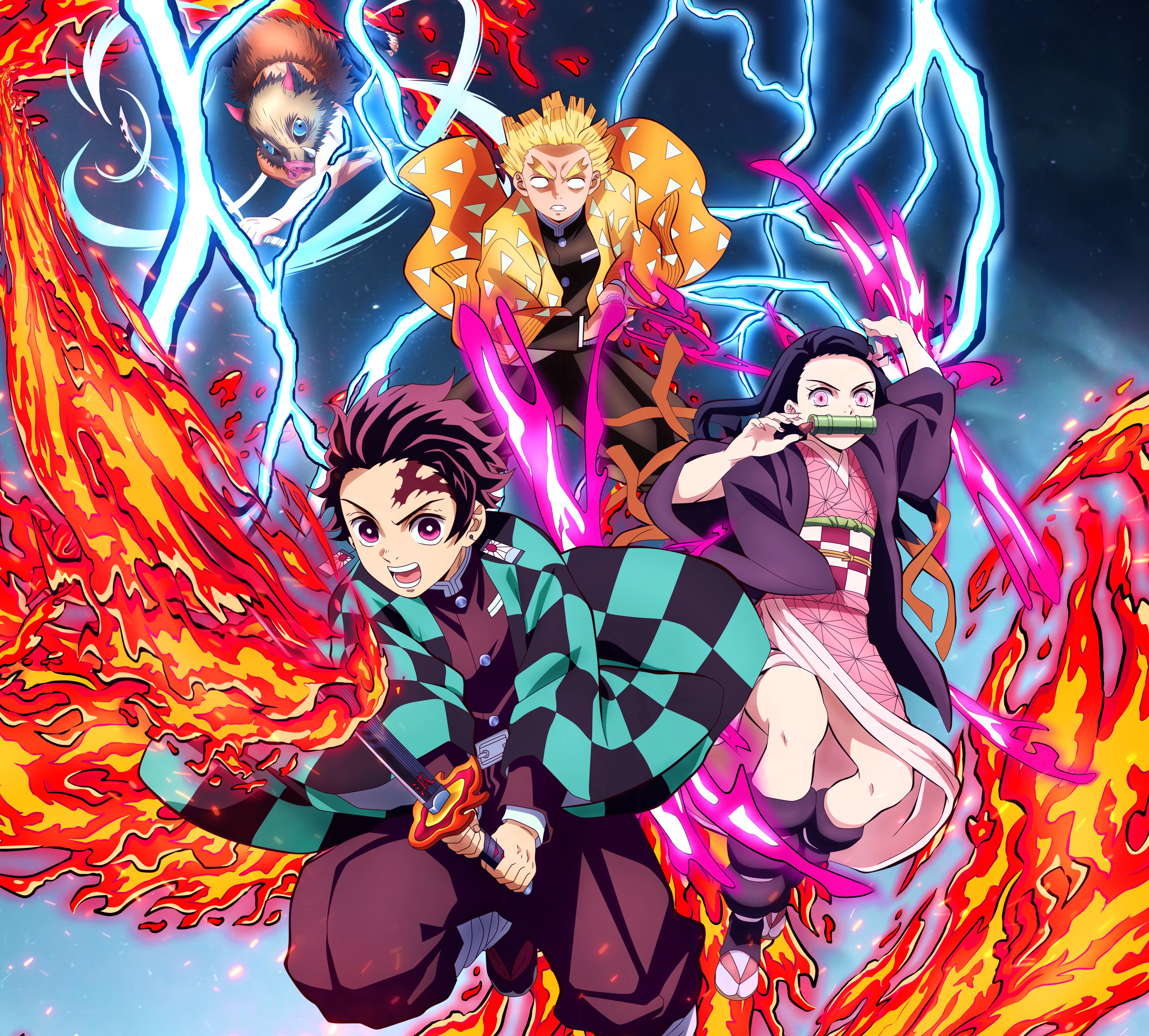 HD desktop wallpaper: Anime, Nezuko Kamado, Demon Slayer: Kimetsu No Yaiba, Zenitsu Agatsuma, Inosuke Hashibira, Tanjiro Kamado, Hinokami Kagura download free picture