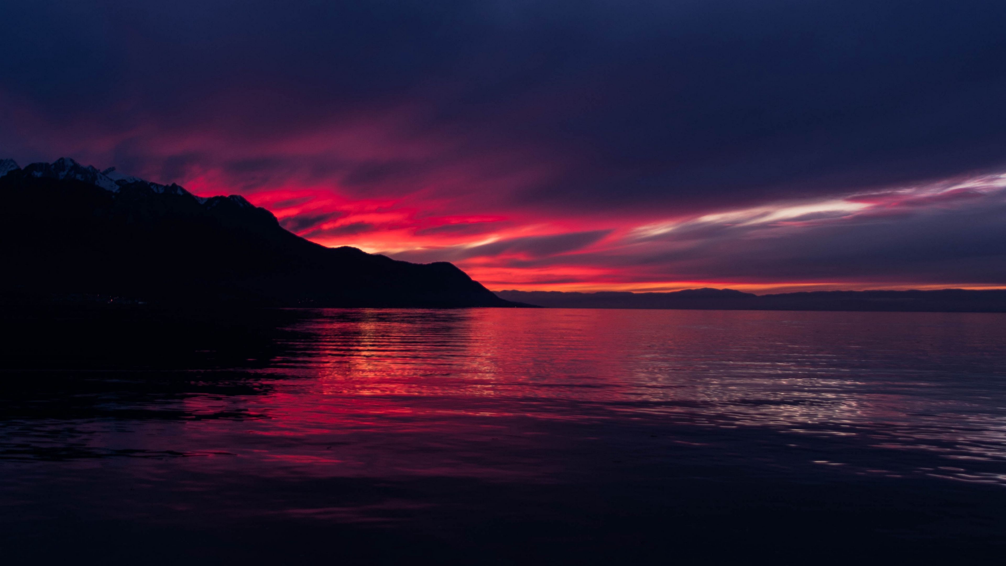 Download wallpaper 3840x2160 sea, mountains, sunset, night, dark, horizon, switzerland 4k uhd 16:9 HD background