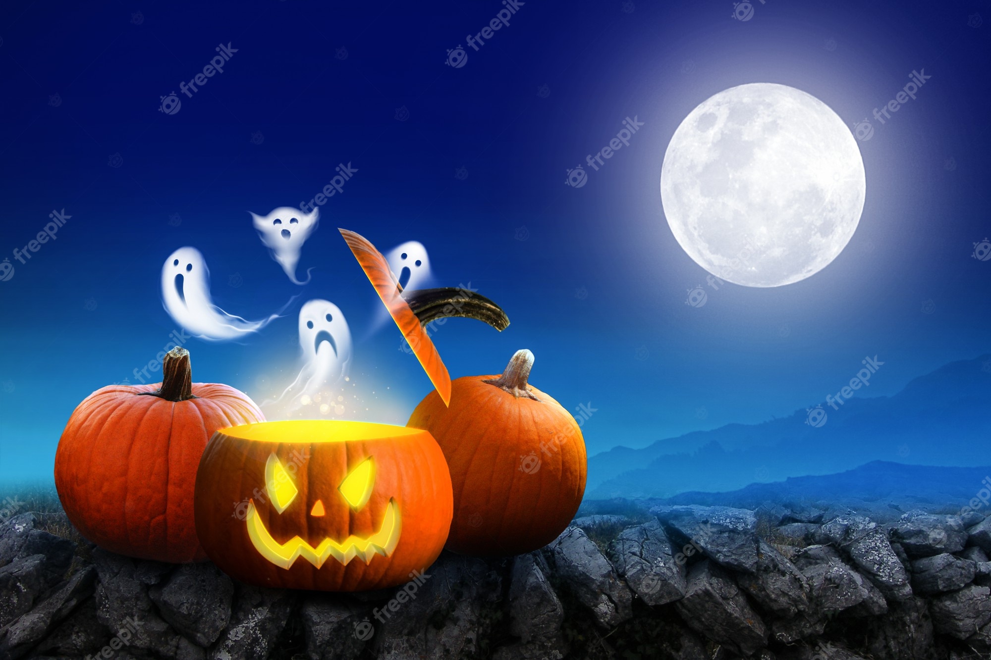 Premium Photo. Halloween background scary pumpkins and dark forest with ghost with moon behide