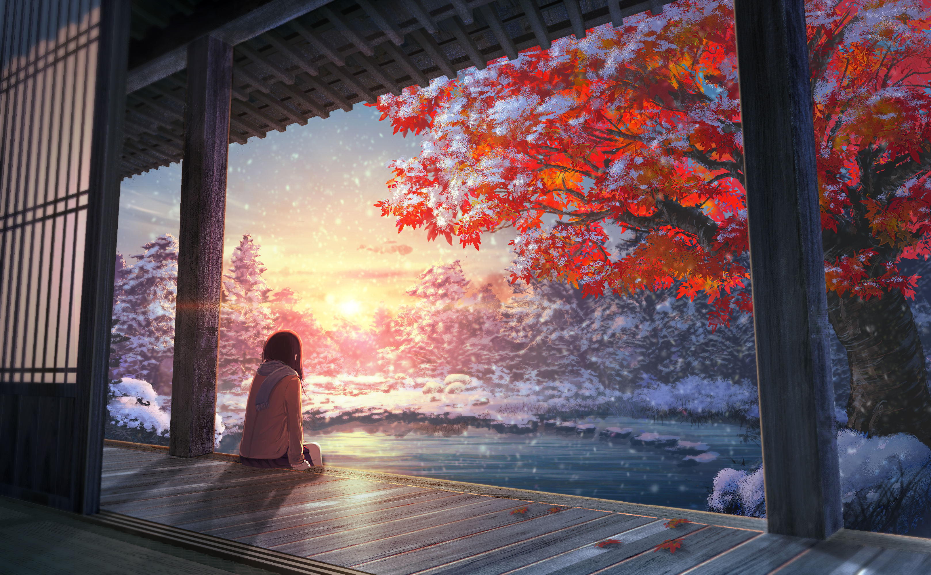 winter, sunset, anime girls, calm, snow, artwork Gallery HD Wallpaper