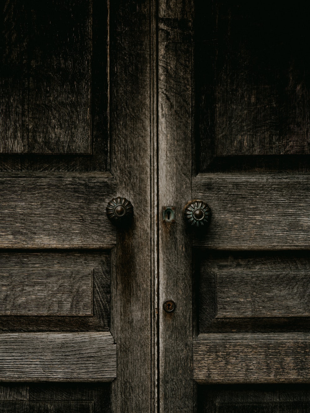 Black wooden door with silver handle photo