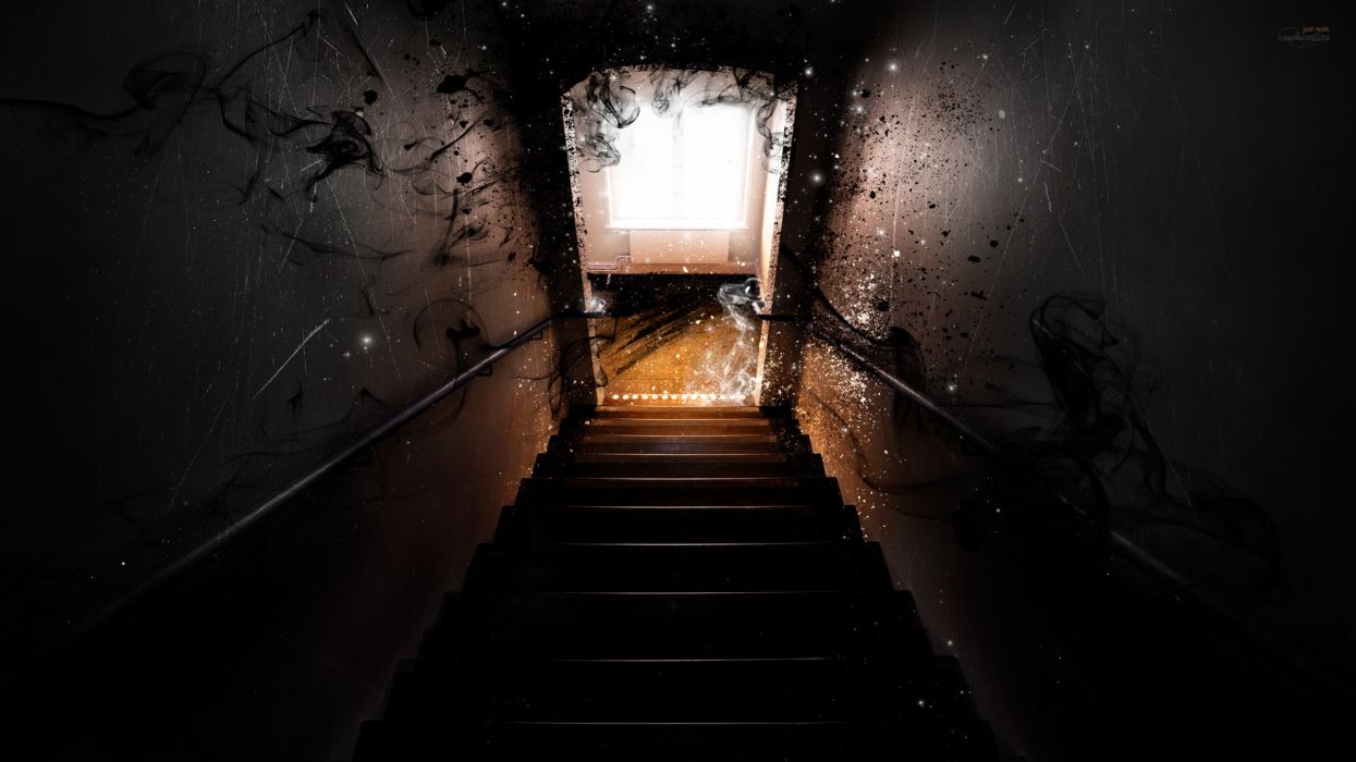 Dark horror ghost manip cg digital art evil door stairs wallpaperx1440