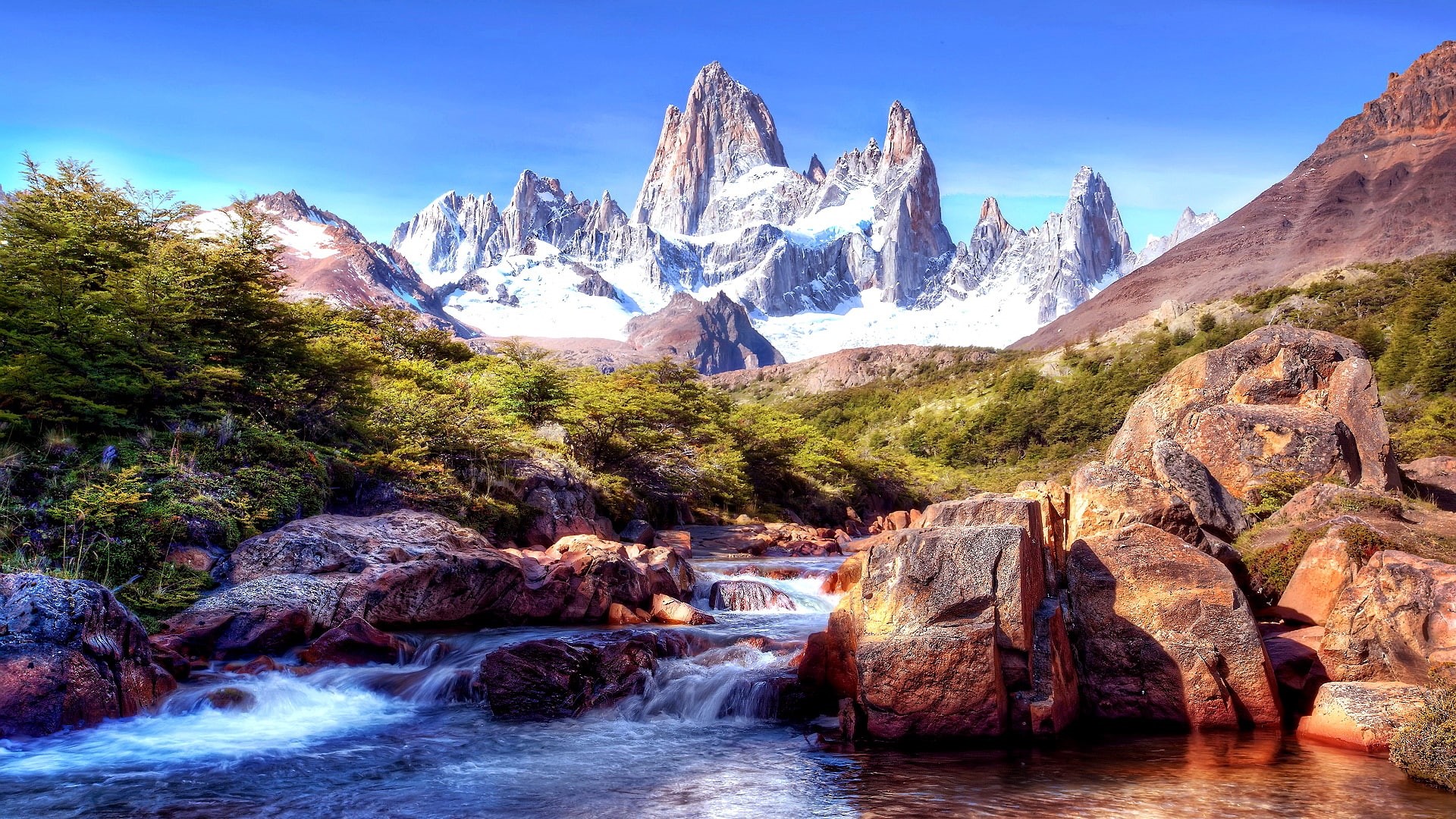 Wallpaper / landscape, cerro fitzroy, cerro chaltén, national park, peaks, peak, wilderness, los glaciares national park, patagonia, rocky mountain, river, monte fitz roy free download