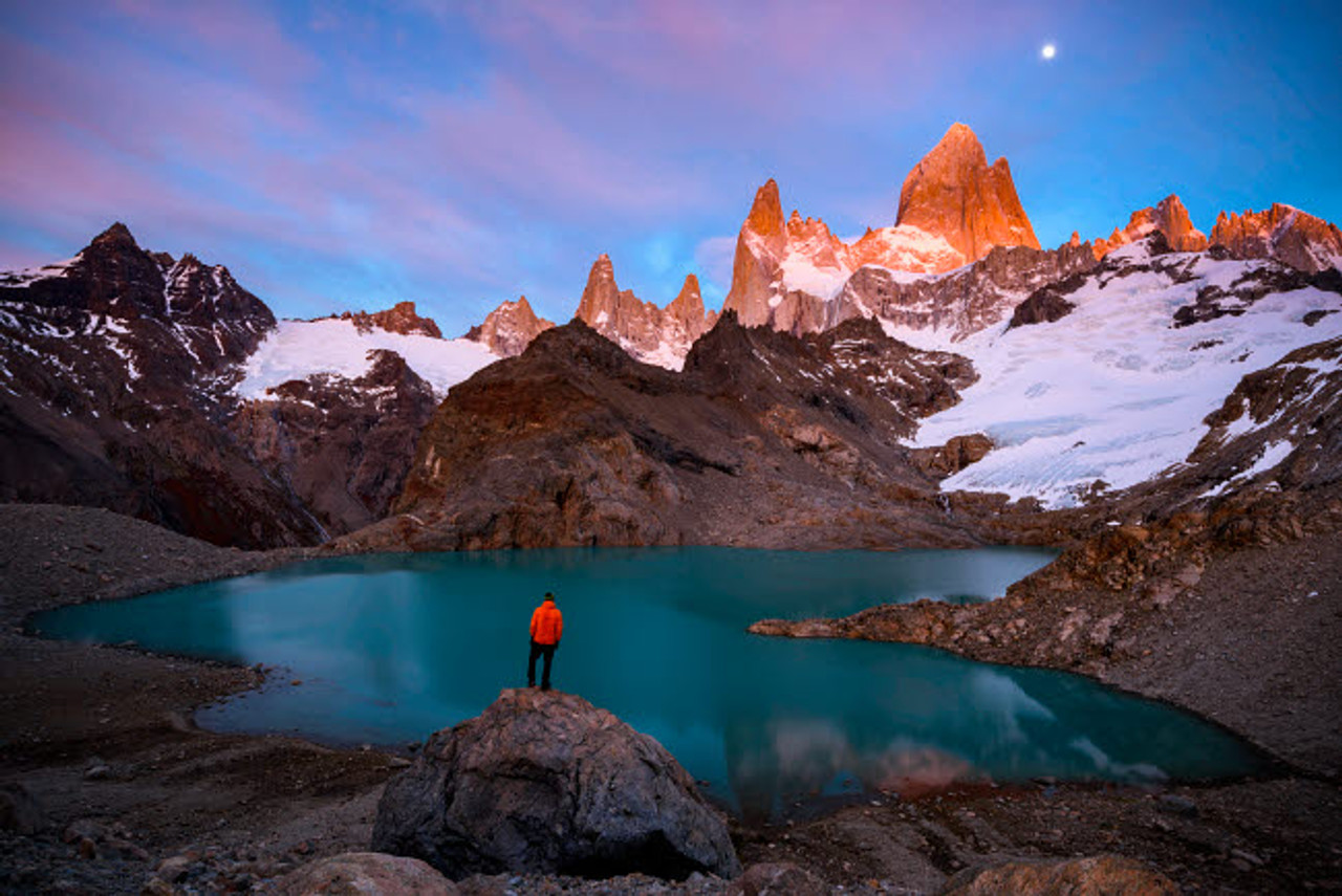 Argentina, Los Glaciares National Park Hiker taking in Mt Fitz Roy and Laguna de los Tres at sunrise (MR) Poster Print by Yuri Choufour (24 x 18) # SA01YCH0006