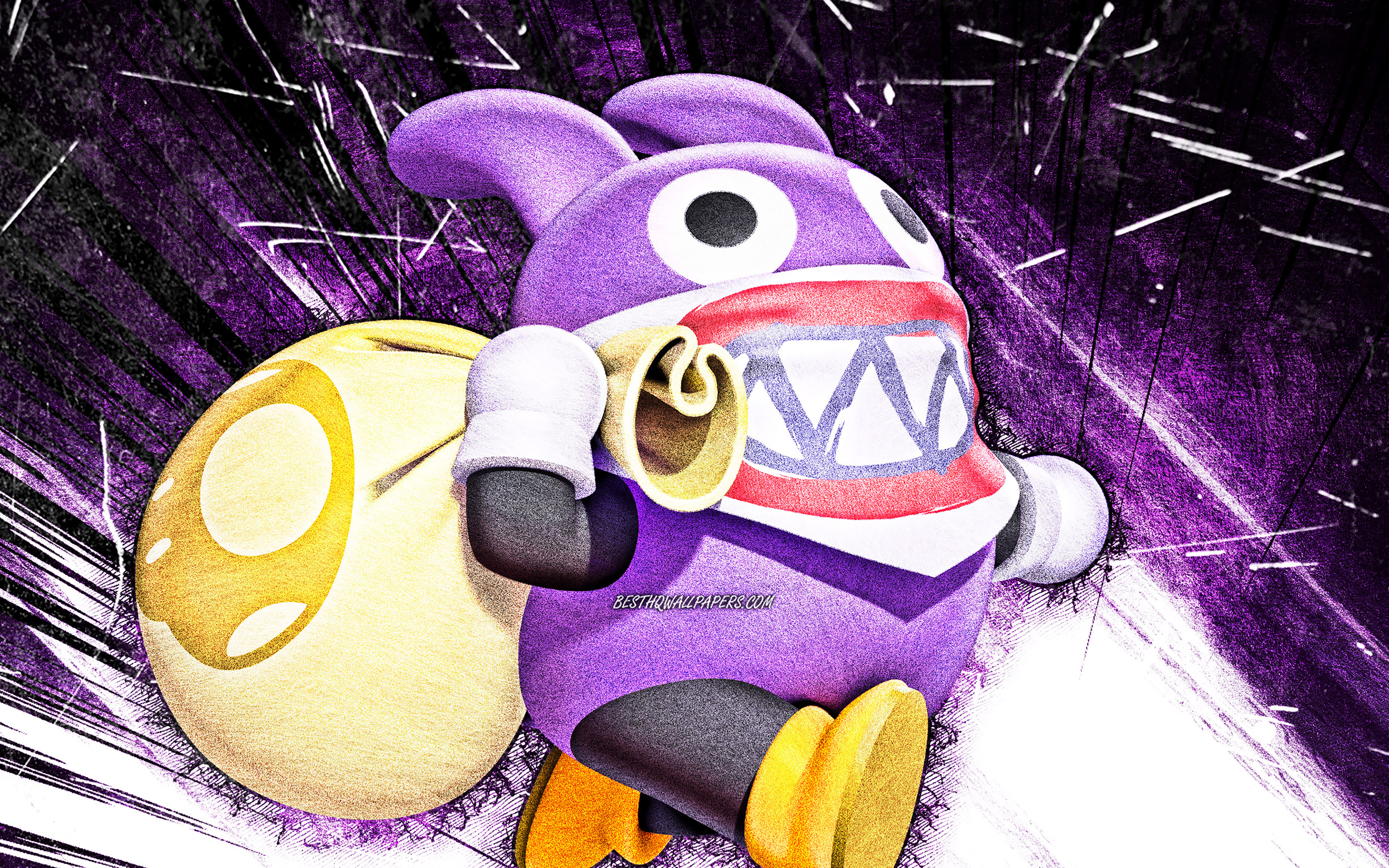 Download wallpaper 4k, Nabbit, grunge art, Super Mario, cartoon monster, violet abstract rays, Super Mario characters, Super Mario Bros, Nabbit Super Mario for desktop with resolution 3840x2400. High Quality HD picture wallpaper
