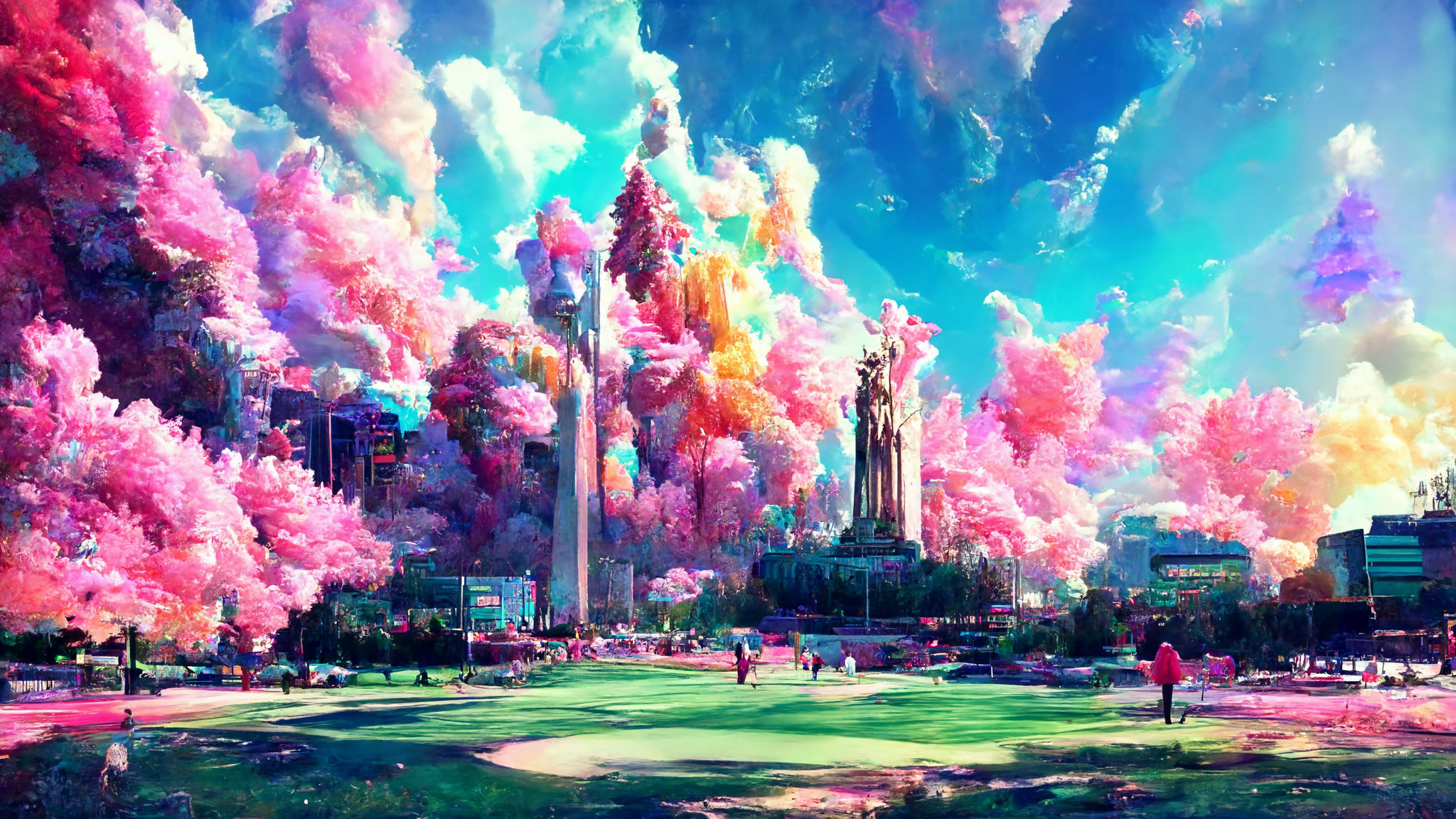 Wallpaper, fantasy city, pink, futuristic, bright, ai, clear sky 2048x1152