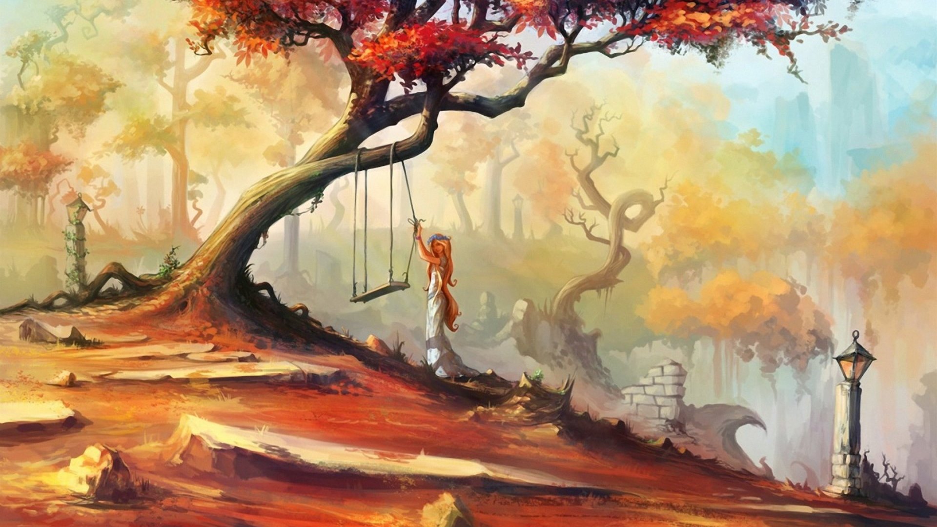 Wallpaper / art, autumn, luminos, orange, redhead, place, tree, fantasy, girl, swing free download
